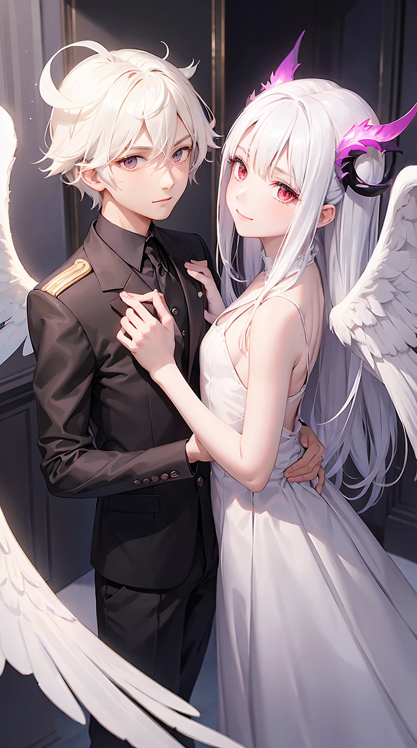 A girl angel with white straight hair, white wings, white dresses, a halo, purple eyes. And a boy Devil, black hair, red horns, red wings, red eyes. Both couple, looking at each other, smiling, holding hands, in love. Perfect boy, perfect anatomy, detailed face, perfect hands, perfect fingers. Perfect body proportions. HD, clear picture. Boy with black suit. Boy wearing black suit.