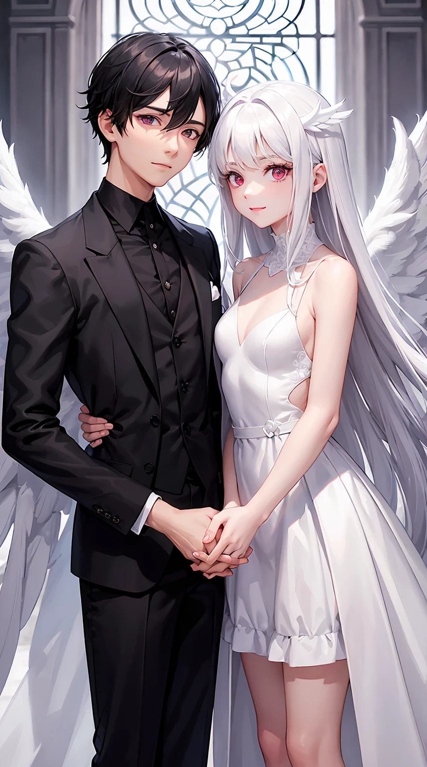 A girl angel with white straight hair, white wings, white dresses, a halo, purple eyes. And a boy Devil, black hair, red horns, red wings, red eyes. Both couple, looking at each other, smiling, holding hands, in love. Perfect boy, perfect anatomy, detailed face, perfect hands, perfect fingers. Perfect body proportions. HD, clear picture. Boy with black suit. Boy wearing black suit.