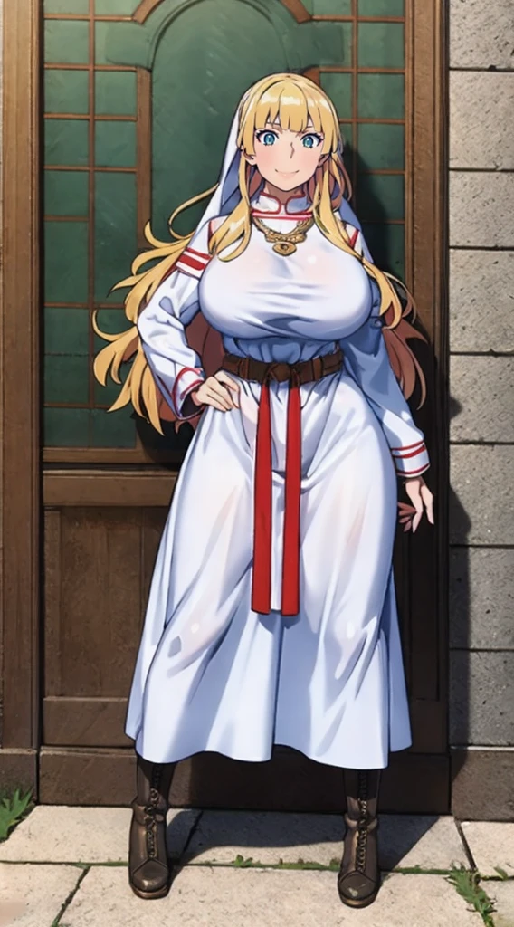 galko,1girl, solo, smile, full body, standing, long skirt, priestess, religious, holy, cute, blush, ,tall female, medieval clothing, white veil, tunic, long skirt,boots, huge brest, curvy,sexy, sensual, volouptouse, thicc, , jade green eyes