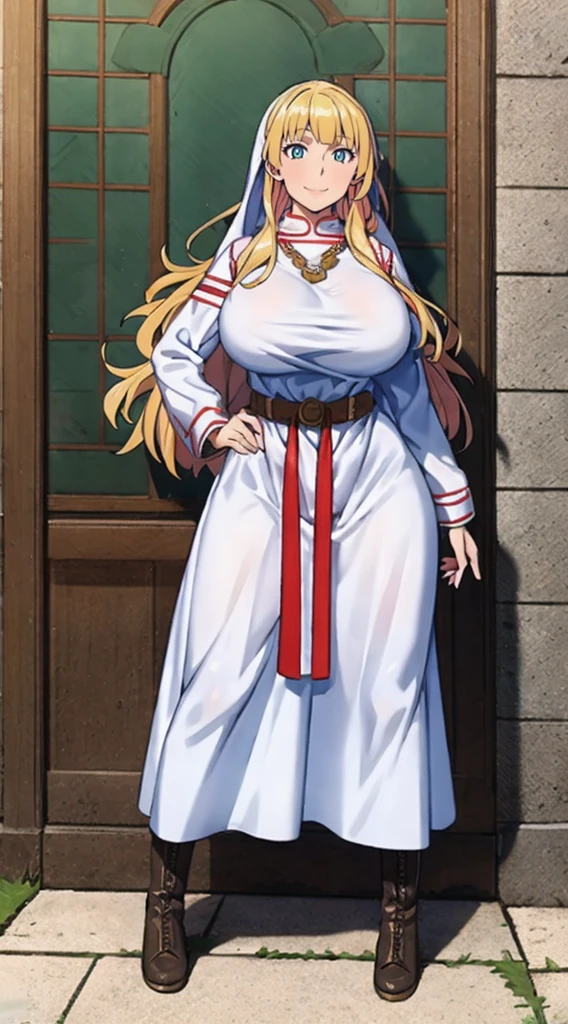 galko,1girl, solo, smile, full body, standing, long skirt, priestess, religious, holy, cute, blush, ,tall female, medieval clothing, white veil, tunic, long skirt,boots, huge brest, curvy,sexy, sensual, volouptouse, thicc, , jade green eyes