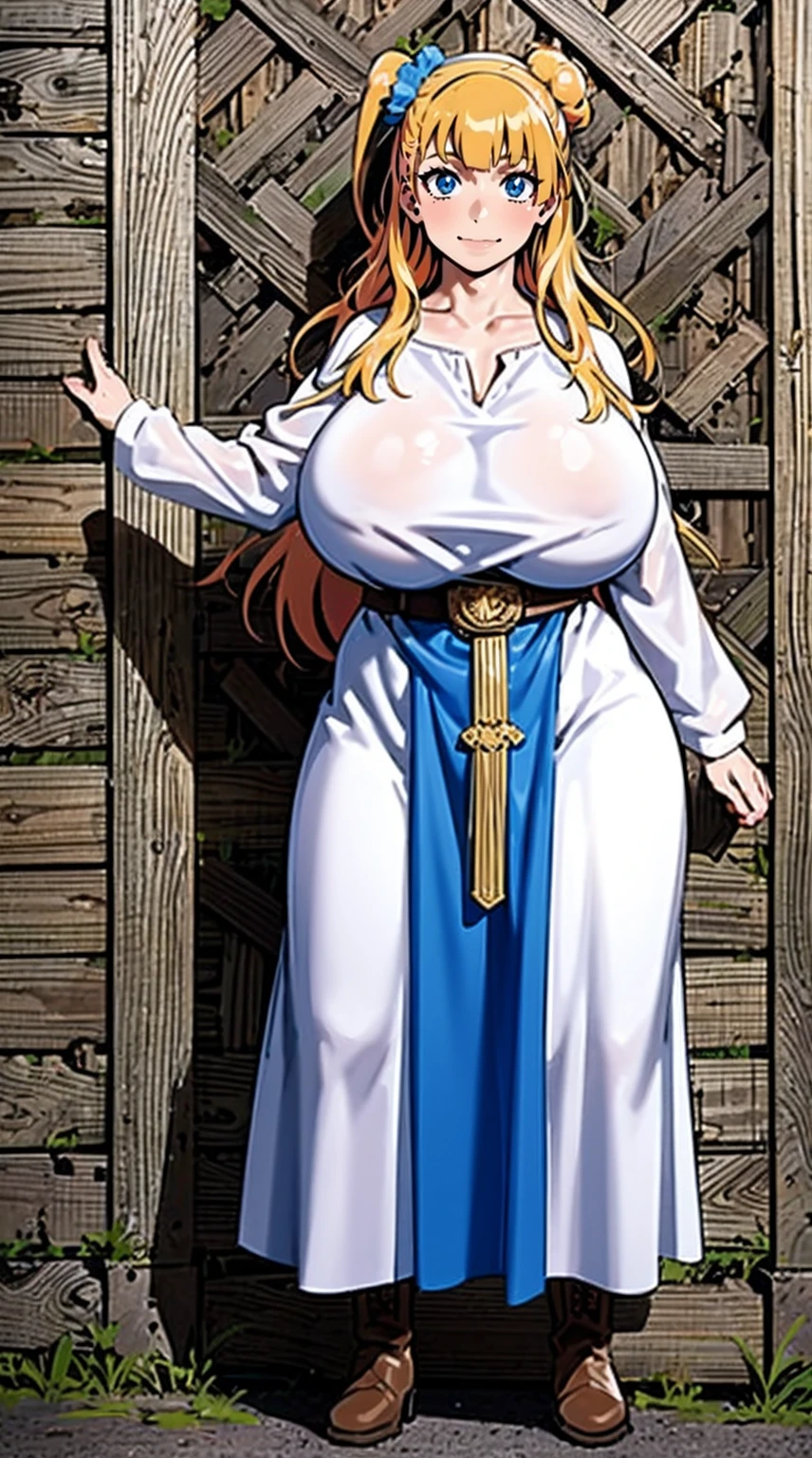 galko,1girl, solo, smile, full body, standing, long skirt, priestess, religious, holy, cute, blush, ,tall female, medieval clothing, white veil, tunic, long skirt,boots, huge brest, curvy,sexy, sensual, volouptouse, thicc, refsheet