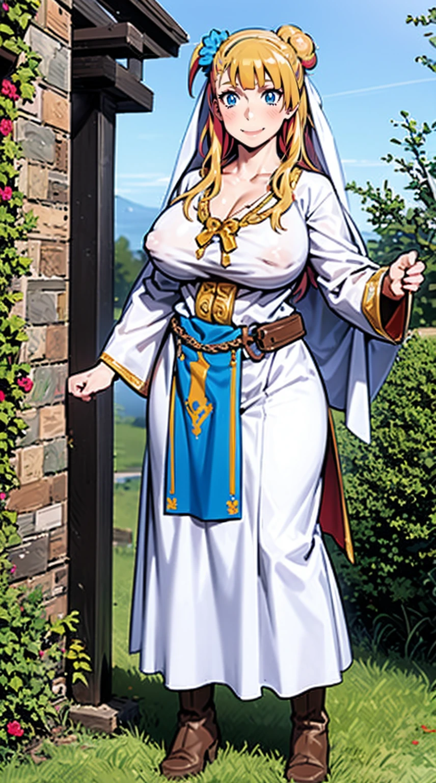 galko,1girl, solo, smile, full body, standing, long skirt, priestess, religious, holy, cute, blush, ,tall female, medieval clothing, white veil, tunic, long skirt,boots, huge brest, curvy,sexy, sensual, volouptouse, thicc, refsheet