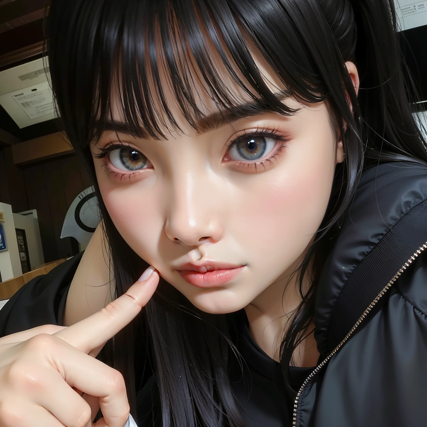 um close up de uma mulher com longos cabelos pretos e uma jaqueta preta, Ulzzang, Lalisa Manobal, menina bonito-fino-cara, com olhos bonitos, Ela tem cabelo preto com franja, com bonito - fino - rosto, wan adorable korean face, young cute wan asian face, Shikami, menina coreana, grandes olhos redondos bonitos