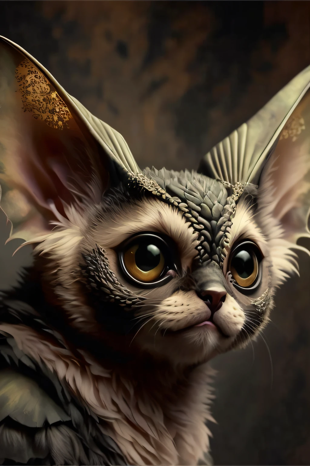 there is a cat with the head of a bat and a big ear, Adorable pintura digital, hyperrealistic fantasy art, Surreal hybrid animals, Arte conceptual ultra realista, Arte digital ultra detallado, Gremlin, Arte conceptual hiperrealista, Arte digital ultradetallado, Arte digital hiperdetallado, Anton Semenov, hyper realistic fantasy monster, Arte digital altamente realista