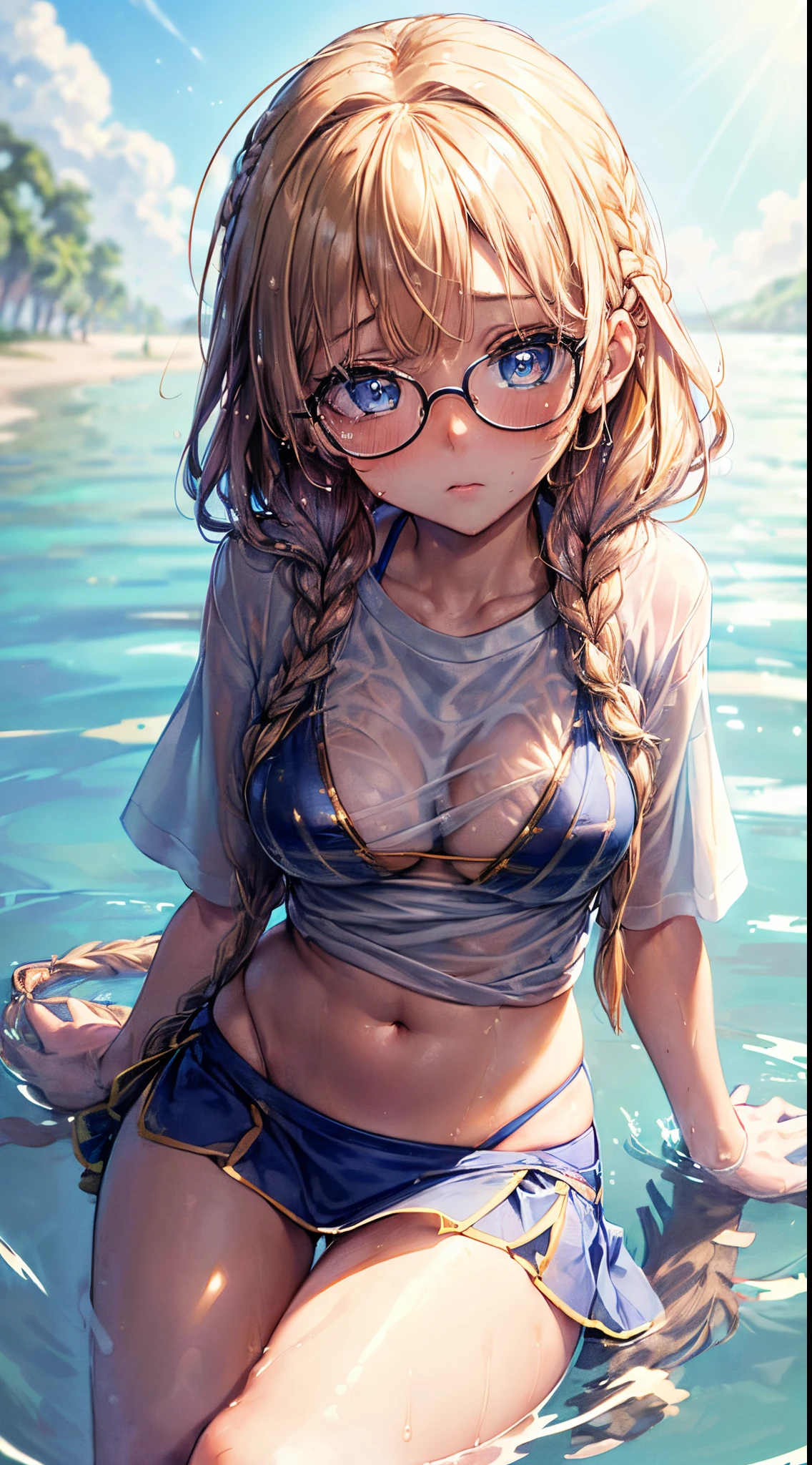 1womanl,Golden head hair, ,((Impatient expression)),Beautiful breasts,(((Thin white t-shirt))),well-styled,,(Facing the front)(((Blushing cheeks、Surprised look)),(((short braid))),((( Portrait from the knee up)))Frameless glasses,Blue eyes,(((Bangs are aligned)))((see -through))((Sexy blue bikini,))(Wet with water),a short skirt