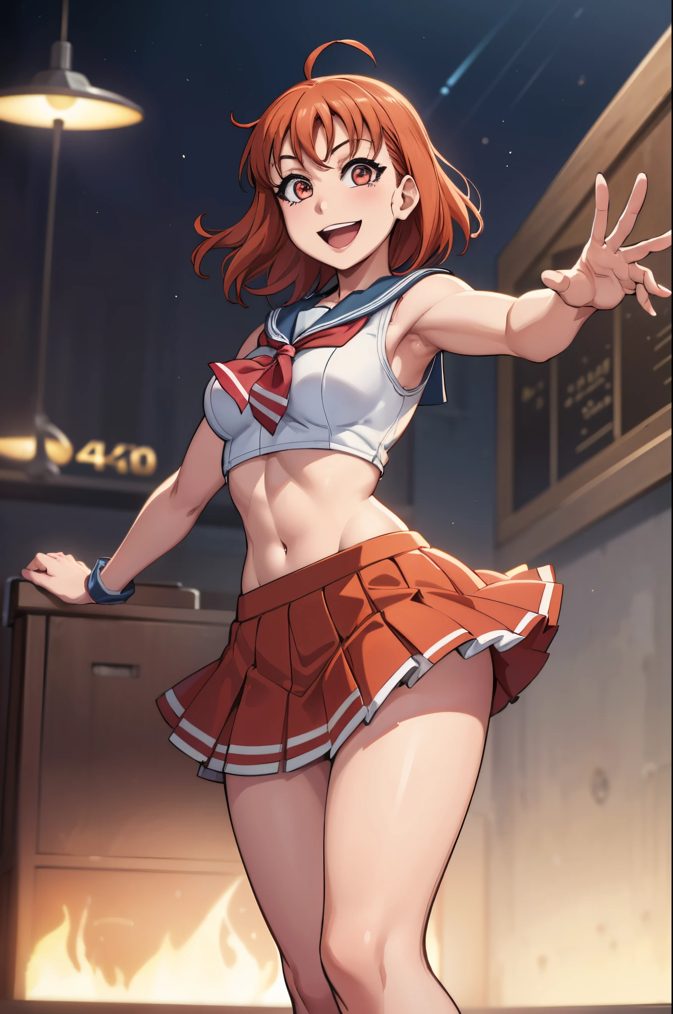 (best quality,4k,8k,highres,masterpiece:1.2), ultra-detailed, takami chika, sailor top, school skirt, midriff, energetic pose, slightly excited and smile, sleeveless, thighs, cowboy shot