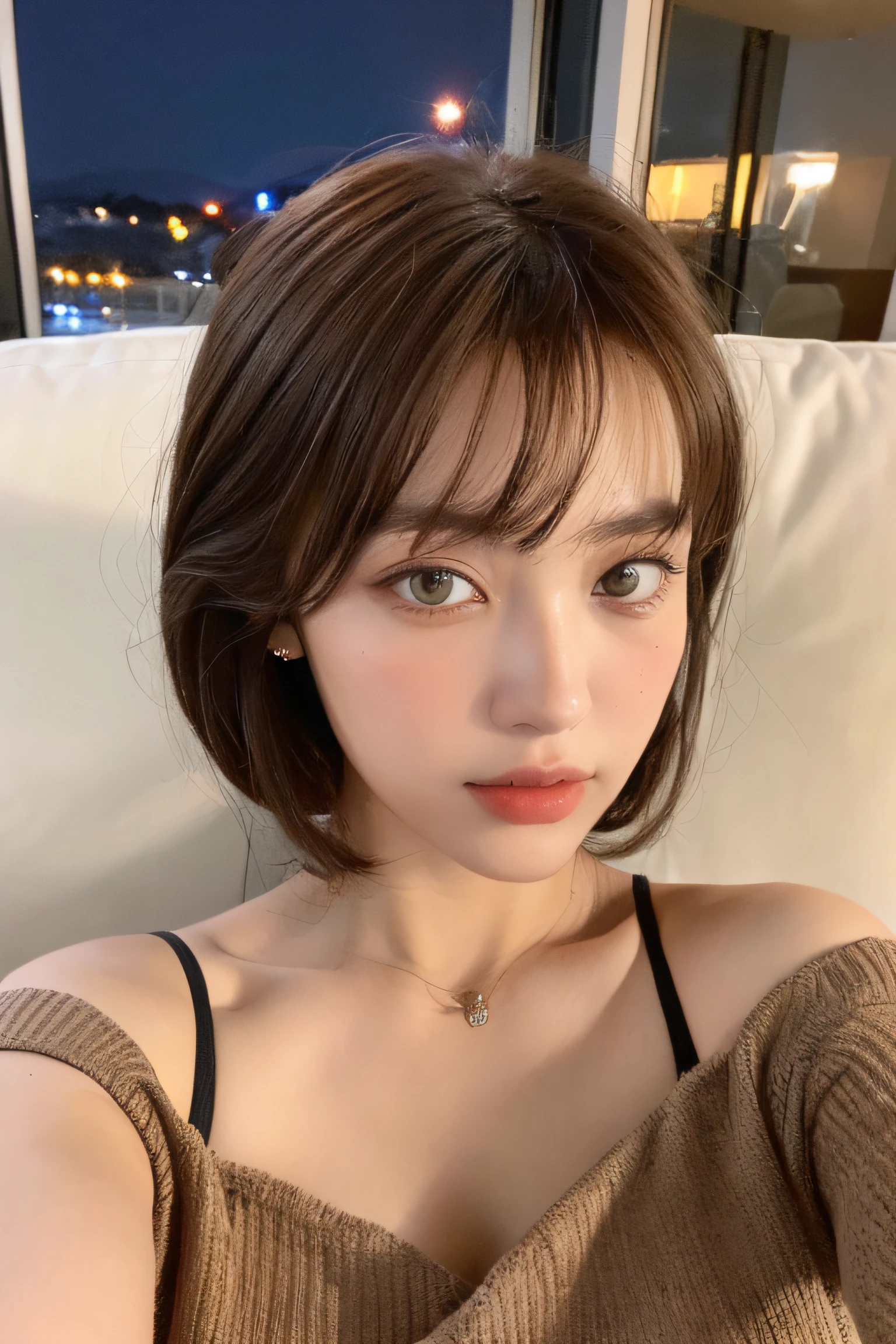 ((highest quality, 8k, masterpiece: 1.3)), 1 female, Japanese Idols,Sensual beauty: 1.3, (Hairstyle Brown Hair Short Bob, big: 1.2), Stylish nightwear: 1.1, Very friendly face, Delicate eyes, double eyelid, Mole, Thick eyebrows,Sit on the sofa,Plump body,