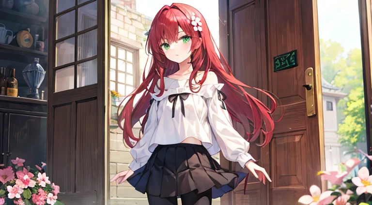 Red long-haired、Green-eyed、beuaty girl，self-expression、Light-colored top、short  skirt、The stands up、doors、blossom flower、black colored leggings