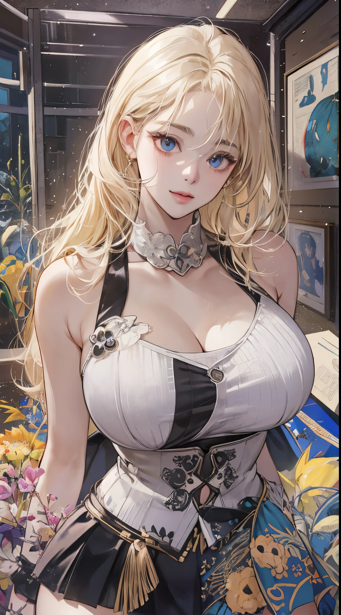 top-quality、realistic touch,high-detail、photoRealstic、、Long body、skirts that are too short、big eye、Her big breasts are so swollen that they threaten to tear her clothes..............、Strong platinum blonde eyelashes、platinum-blonde、Beautie、A sexy、full body Esbian、Sparkling eyes、Submissive smile、Flushed cheeks、Kamimei、thin-waist、Sleeveless、Voluptuous thighs、Enraptured look、high school student wearing a shirt
