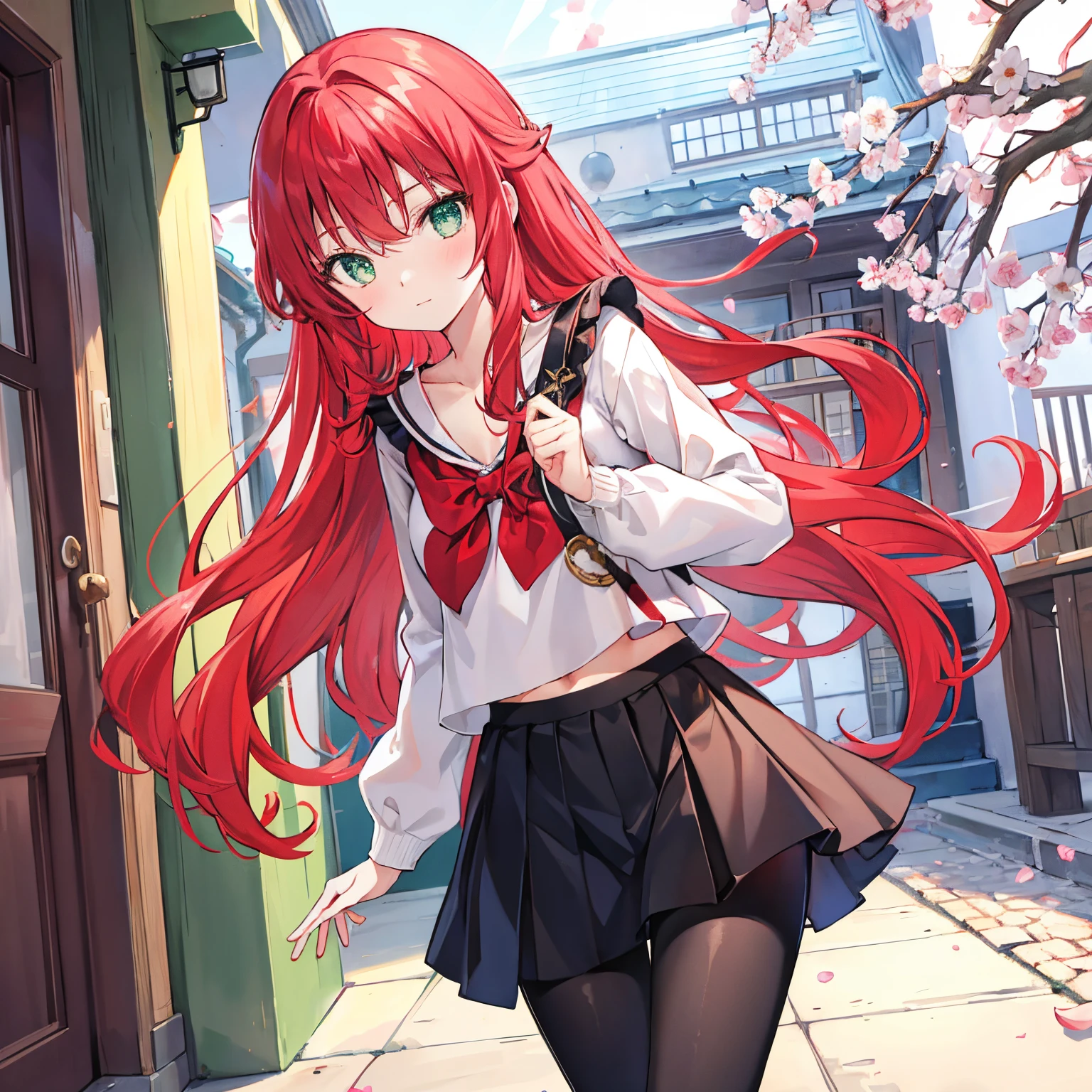 Red long-haired、green-eyed、beuaty girl，byself、Light-colored top、short  skirt、standing on your feet、doors、blossoms、black colored leggings