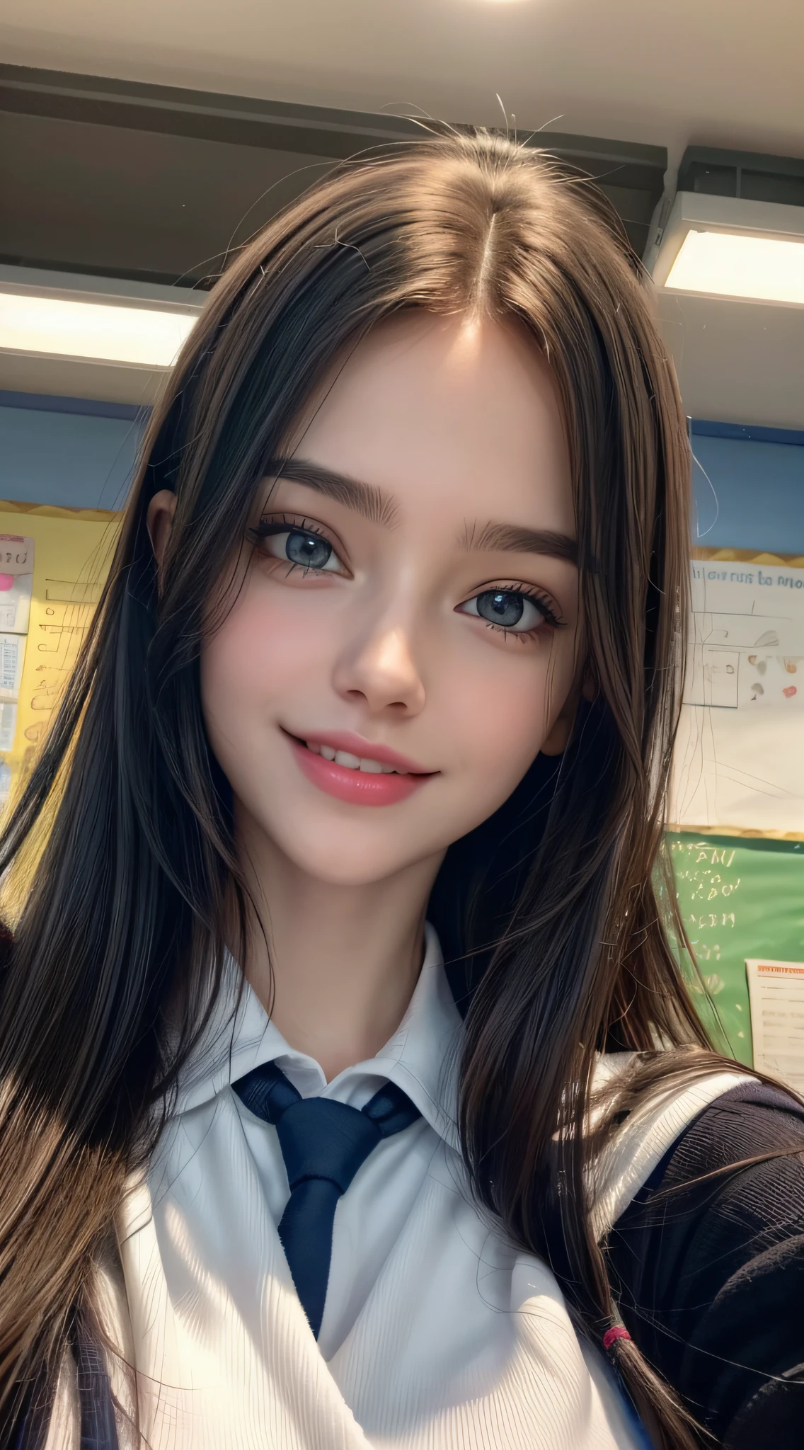 1girl in, Extremely cute, Amazing face and eyes, (Beautiful lovely smile), (extremely detailed beautiful face), bright and shiny lips, Keep staring at me, Super beautiful, (School uniform:1.3), (Best Quality:1.4), (hyper quality), (Ultra-detailed), (Hyper-realistic, Photorealsitic:1.37), Authentic skin texture, Highly detailed CG integrated 8k wallpapers, RAW Photos, professional photograpy, Cinematic lighting,