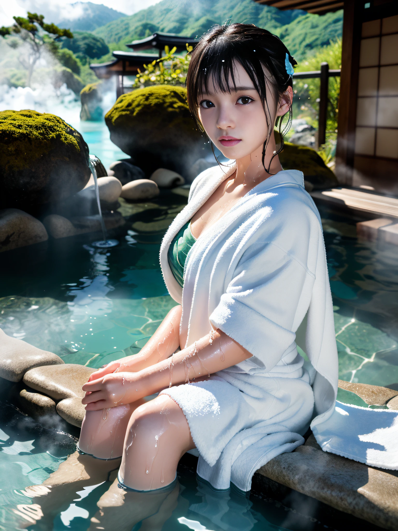 (masterpiece), (best quality:1.4), absurdres, [:intricate details:0.2], 1girl, (naked towel), (geyser, onsen:1.2), moist skin, (fog:1.2), mist, shiny skin, glossy skin, (partially submerged in the onsen:1.2), (wet hair:1.2), mist, wet, moisture,