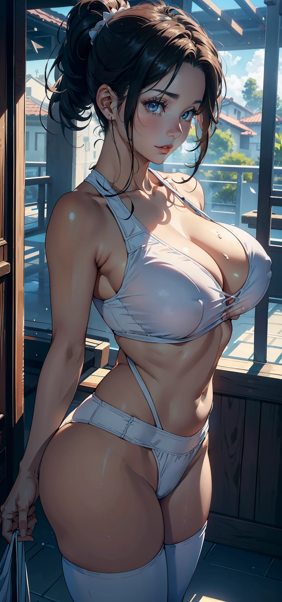 1female,45 yers old,A MILF,熟妇,mature,Married woman,,The chest is large,Huge cleavage, A sagging breast,独奏,(Background with:soccer court) ,high ponytails,Short hair details,seen from the front, The sky is mostly cloudy,(((tmasterpiece),(Very detailed CG unified 8k wallpaper),Best quality,电影灯光,detailed back ground,beautidful eyes,Bright pupils,黑The eye,Snow-whiteskin,Redlip(very delicate beautiful),(Beautiful and detailed eyes description),ultra - detailed,tmasterpiece,))facing at the camera,A high resolution,ultra - detailed),The chest is large,A sagging breast,Expose breasts exposed,Bare genitals, convex,legs are open,Raised sexy,Camel toes,face flushed,sheer transparent clothes,soccer player(dressed in:Football uniforms)