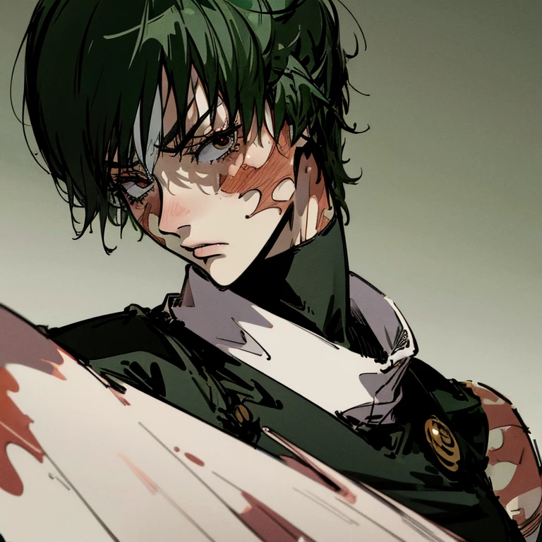 masterpiece, male focus, 1boy, solo, ((green hair)), Jewelry, earrings, bug, butterfly, Upper body, hair between eyes, multicolored hair, ((black clothing: 1.2)), ((holding a knife)), A cunning character, An insidious look, Blood, Bloody footprints, Bloodstains, Blood на лице, The main villain, Trickster