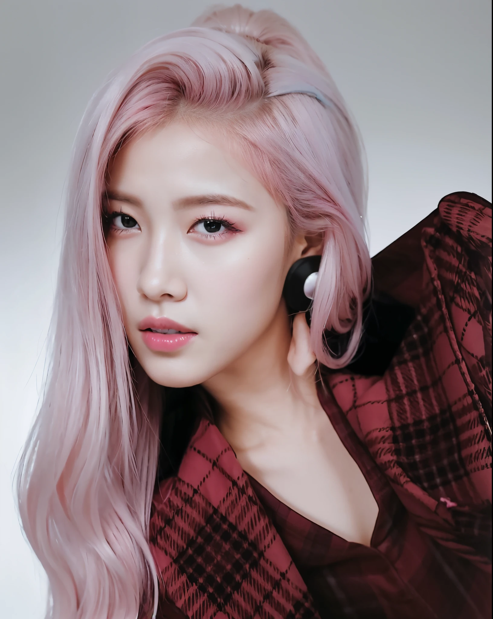 a close up of a person with pink hair and a plaid shirt, portrait of jossi of blackpink, roseanne park of blackpink, jossi of blackpink, portrait jisoo blackpink, blackpink jennie, inspired by Yanjun Cheng, portrait of female korean idol, jisoo of blackpink, jisoo from blackpink, portrait of kpop idol, jia, vibrant fan art, with pink hair, blackpink