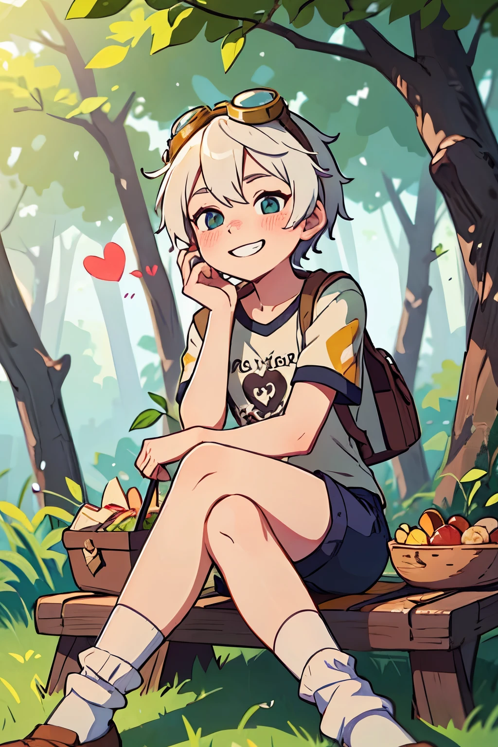 bennett, confessing his love to you in a forest on a picnic, wearing a sleevless shirt, shorts, goggles on head, crossed legs sitting, long white socks, giving you an envelope with a heart on it, grin smile and blush