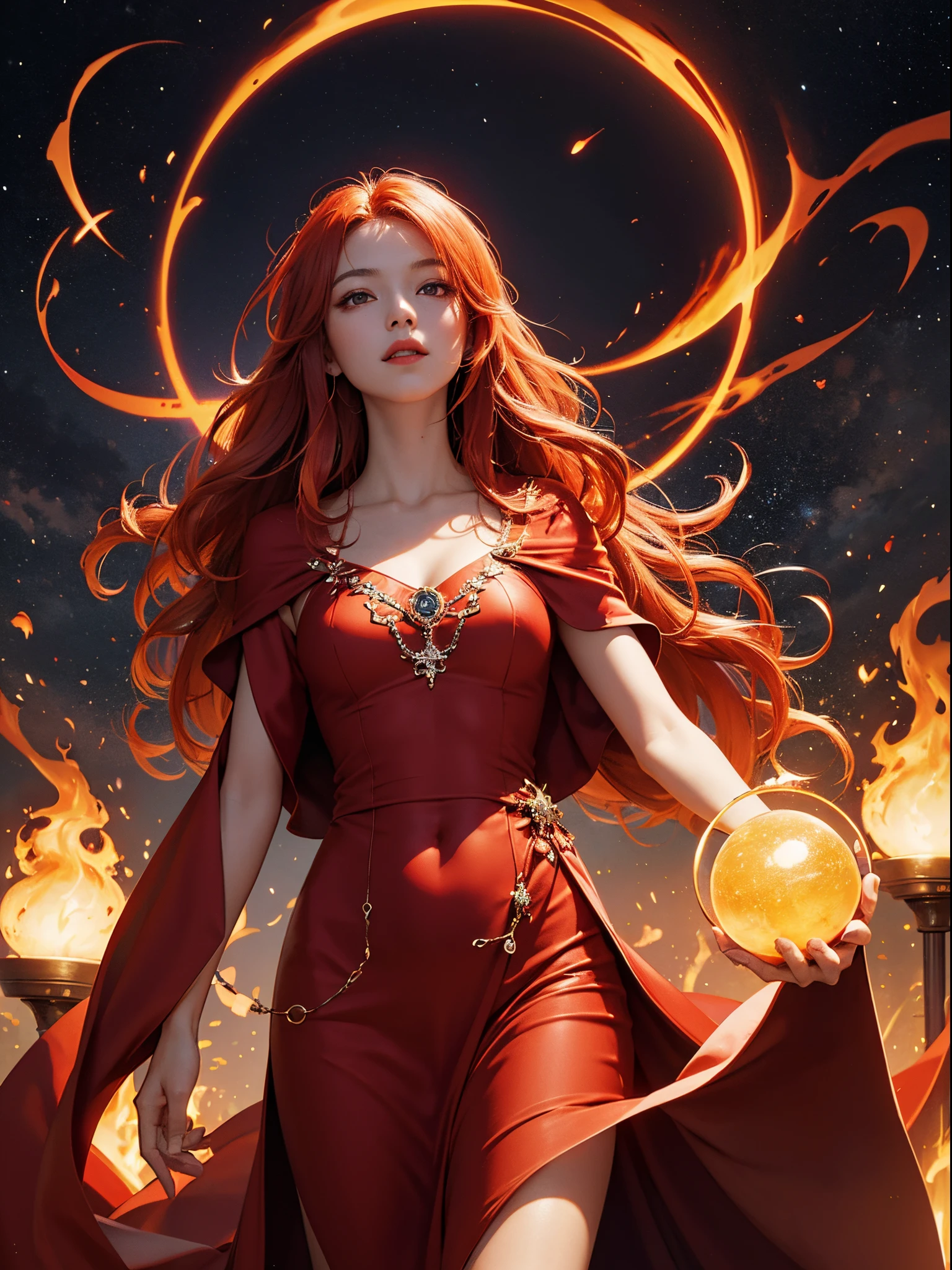 scarlet tones、top-quality、masterpiece、Official art、Perfect Angle、perfect-composition、Stellar lumen、Distant antiquity、placenta、Foundation of Creation、mystical、manifestation of divine power、Alpha and Omega、Eternity is in the ephemeral、Beauty beyond human knowledge、The witch who controls the flames、flame of life、red glowing hair、light up the light of life、A bright red body、Tall and lean、resolute、noble、Deities々Right、draconian、Absolute existence