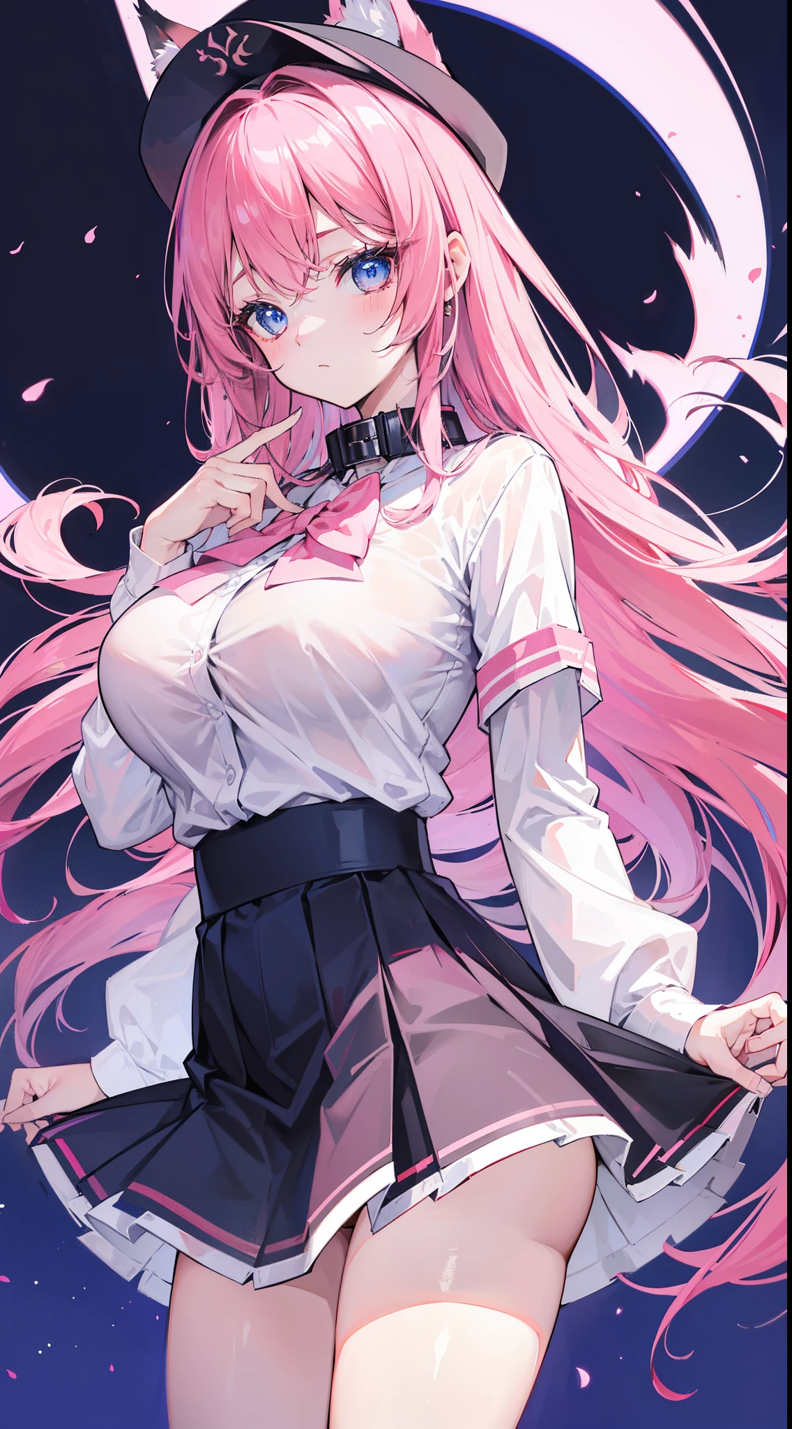 high qulity, tmasterpiece, ultra - detailed, 校服, Very short skirt, Unfasten your shirt, blackstockings, pink panty, Collar, women's headwear, 1个Giant Breast Girl, Alone, calm expression, Pink Long Hair, captivating blue eyes, fox ear, , Large breasts, schools