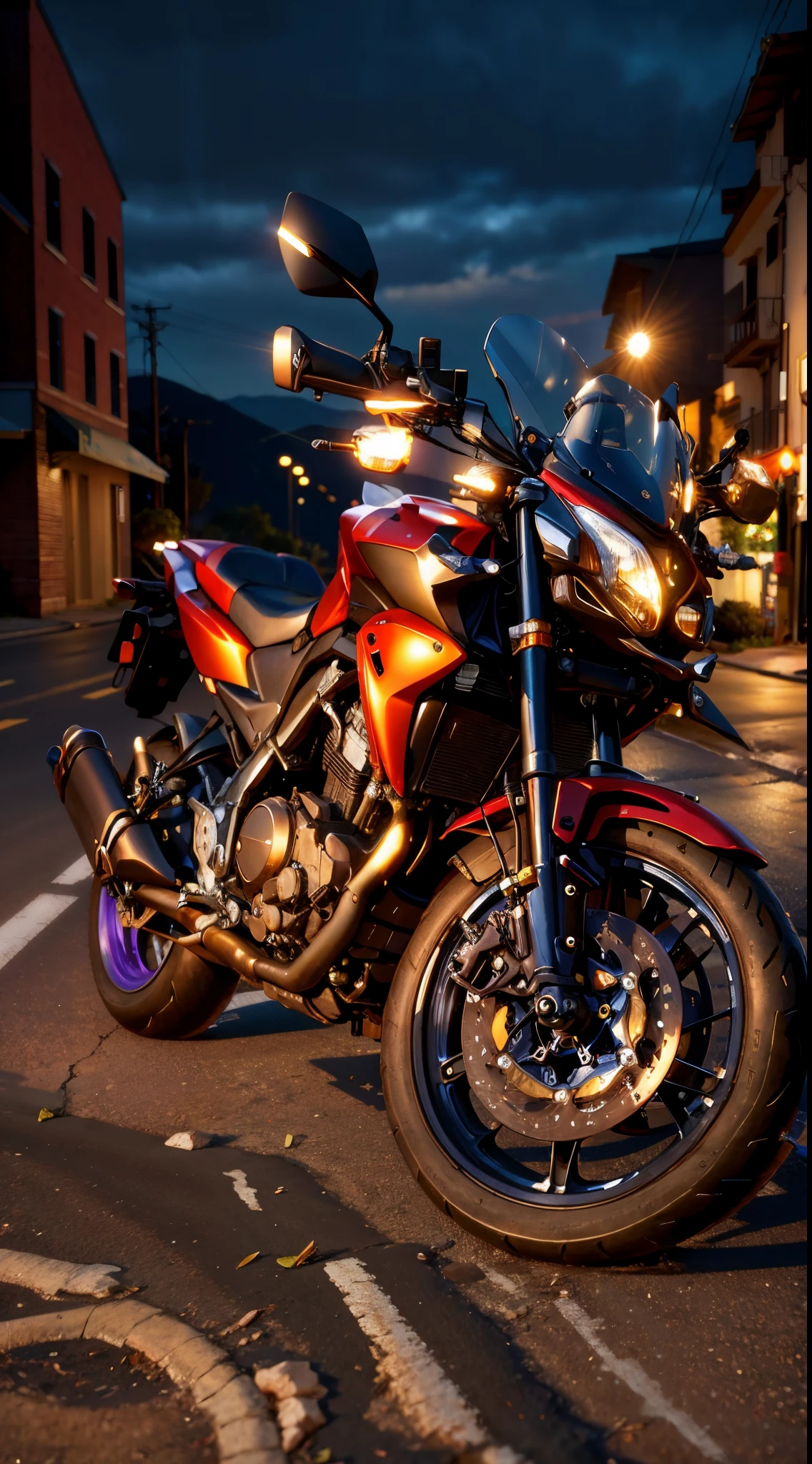 motorcycle parked on the side of the road at night, front side full, front side view, semi realism, touring, 1128x191 resolution, front profile!!!!, unreal enging, taken with the best dlsr camera, frontshot, front side, frontal picture, very sharp!!!, full screen, frontal shot, front lit