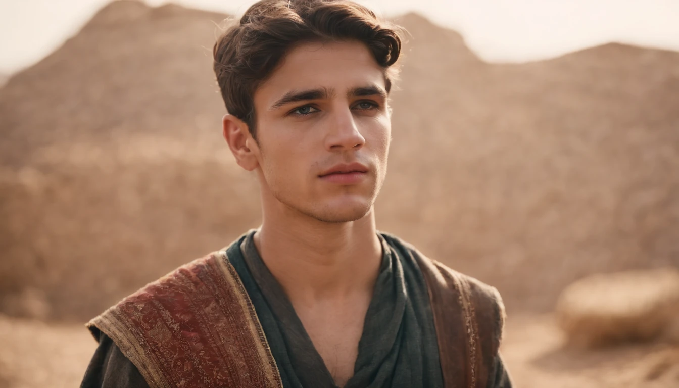 a 20-year-old man, with Israelite features, wearing clothes from the ancient era, from the Bible