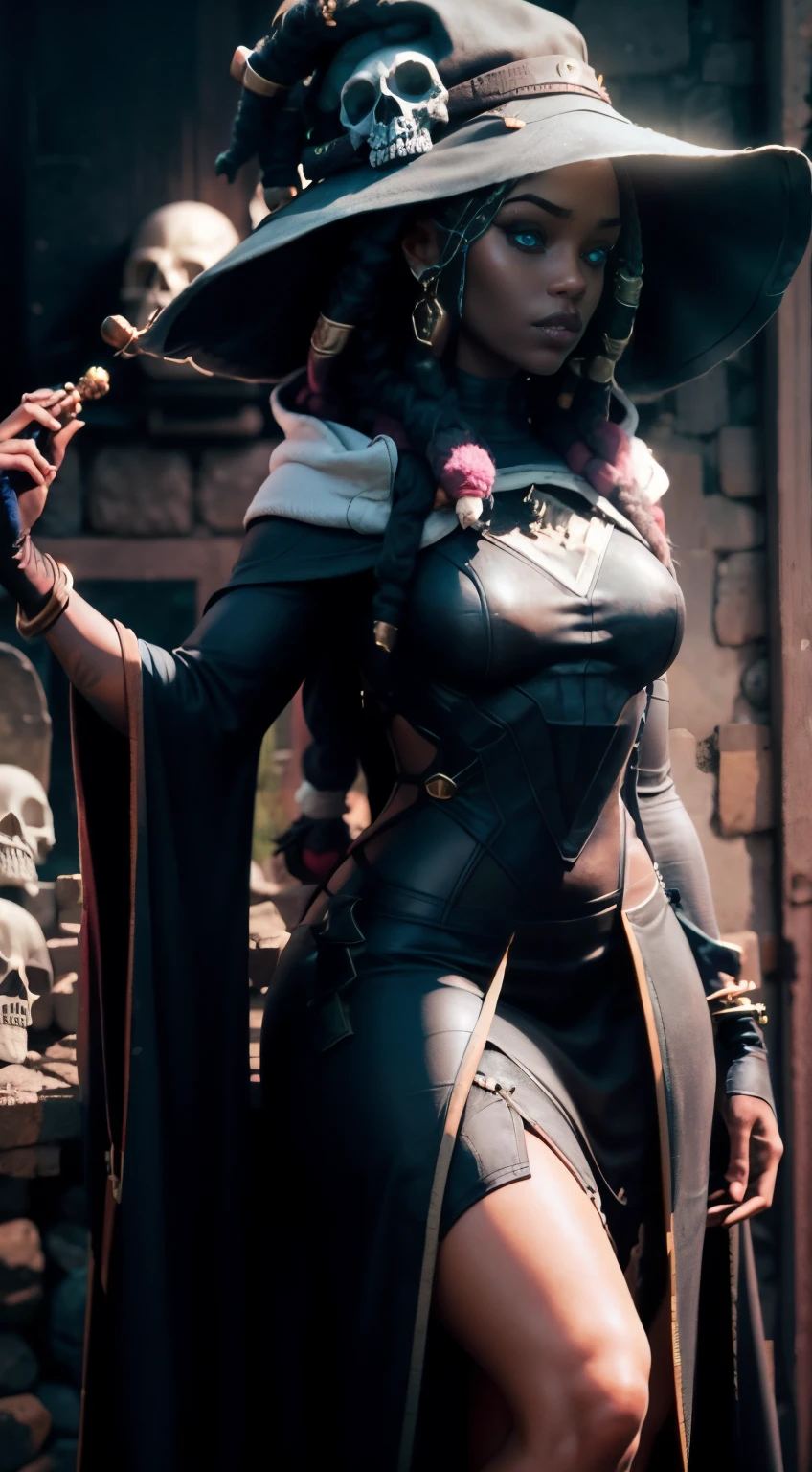 (masterpiece, best_quality, ultra-detailed, immaculate:1.3), epic, illustration, 1girl, feet out of frame, laughing barbarian witch, (muscular:1.1), sexy armor, fur pauldrons, , (warpaint:1), white hair, very long hair, Curls, fur cloak, praise the sun, (african, dark skin:1.6), in a bustling dimension, on Coruscant, bombshell hair, iridescent ultraviolet hair, pixie cut, Scalp Braids, standing on shoulder <lora:EnvyBeautyMix23:1>