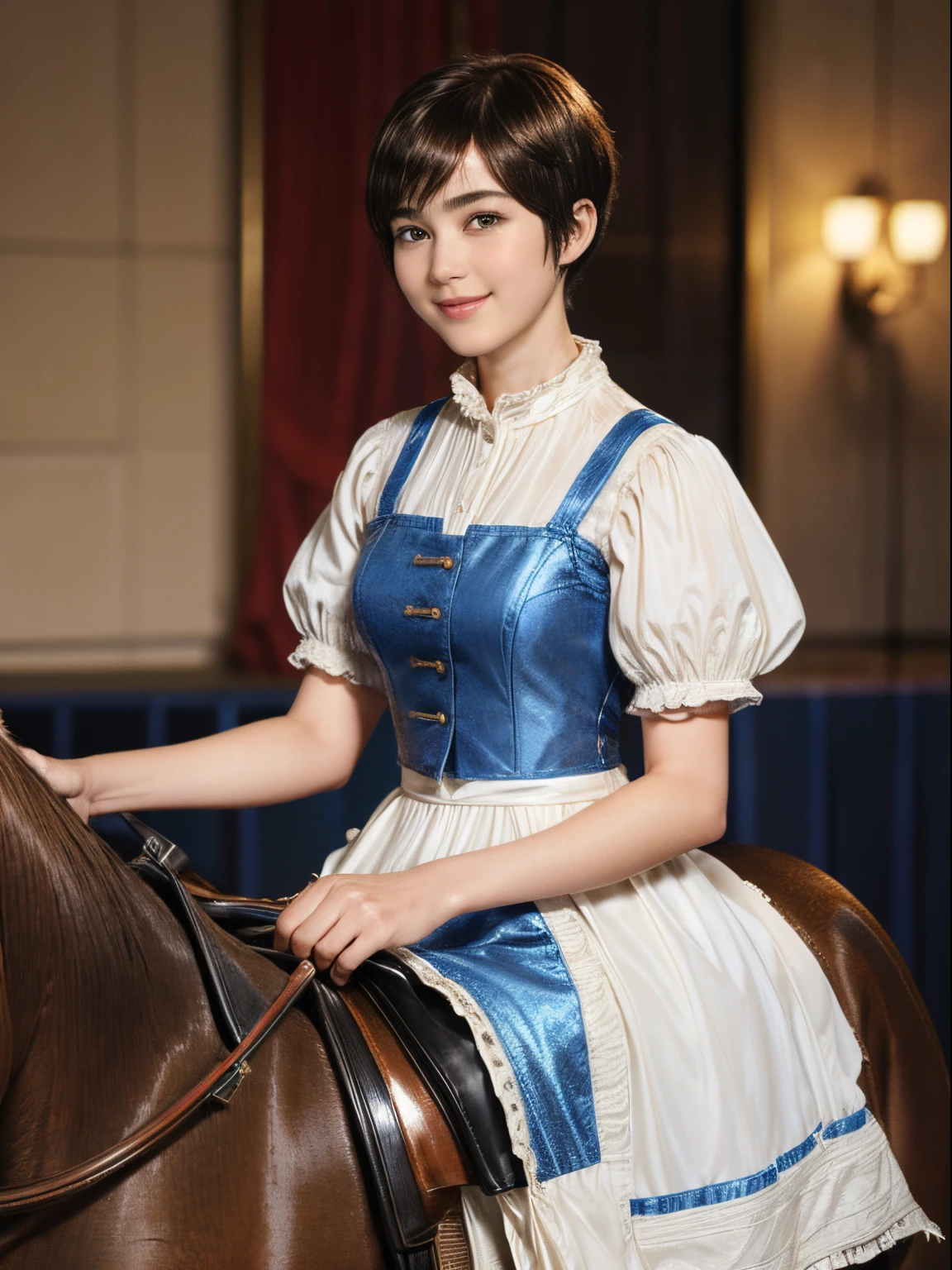 98
(a 20 yo woman,is standing), (A hyper-realistic), (high-level image quality), ((short-hair:1.46)), (Gentle smile), (Keep your mouth shut), (Riding a horse), (ride horse、Horse racing、carriage)