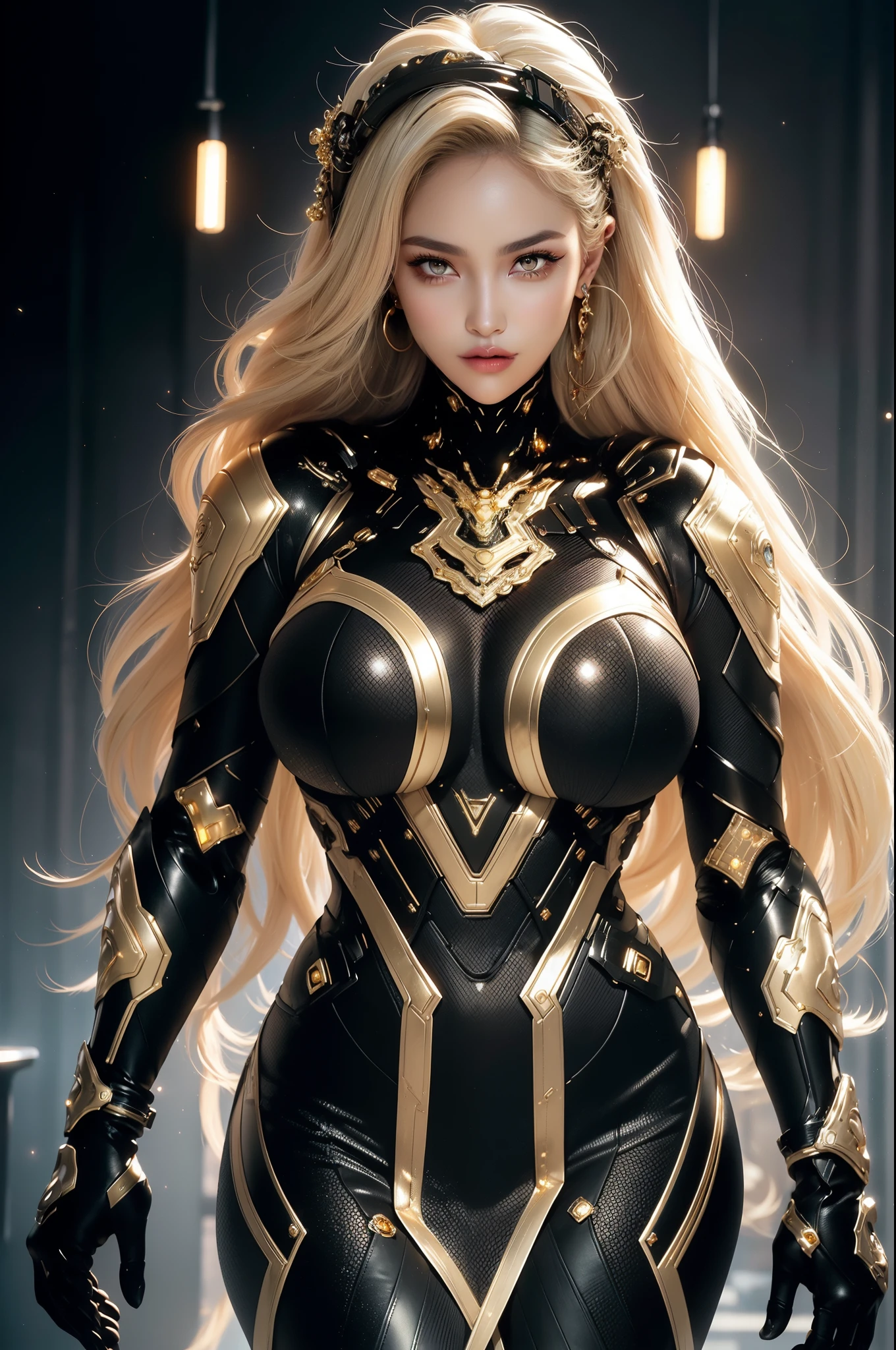 (masterpiece), best quality, expressive eyes, perfect face, beautiful details face, upper body, A beautiful mature woman in cyber armour suit shows her Extremely busty and attractive breasts, (light smile), (blonde hair), multicolored hair, (random hairstyles, shiny hair, gradient hair, medium long hair), (covered chest), (beautiful detailed full bodysuit:1.3), full body cybersuit, (glowing and shining armour:1.3), silver and gold cyber armour,(Edge lights:1.3), (gold and black colour scheme:1.3), (neon light on suit:1.1), beautiful details eyes, (eyes gold:1.2), (glowing eyes:1.1), forehead, (hair orament),(Gigantic saggy breasts:1.6), thick body, (well accentuated curves), pink lips, (white nails), mascara, Long eyelashes, (Extremely wide well defined hips:1.6), (beautiful massive thick muscular thighs:1.3), tight thighs,thick thighs, has a tall slender figure, (Extremely detailed skin texture:1.1), beautiful detailed realistic muscle definition, golden fireflies that shimmer, high detailed eyes, ultra-high quality model, proportionate, intense colouration fantasy, (background golden palace, beautiful background), gold and silver flora pastel tetradic colours, hair ornament, earrings, detached sleeves, jewelry, earring, (1girl), solo,