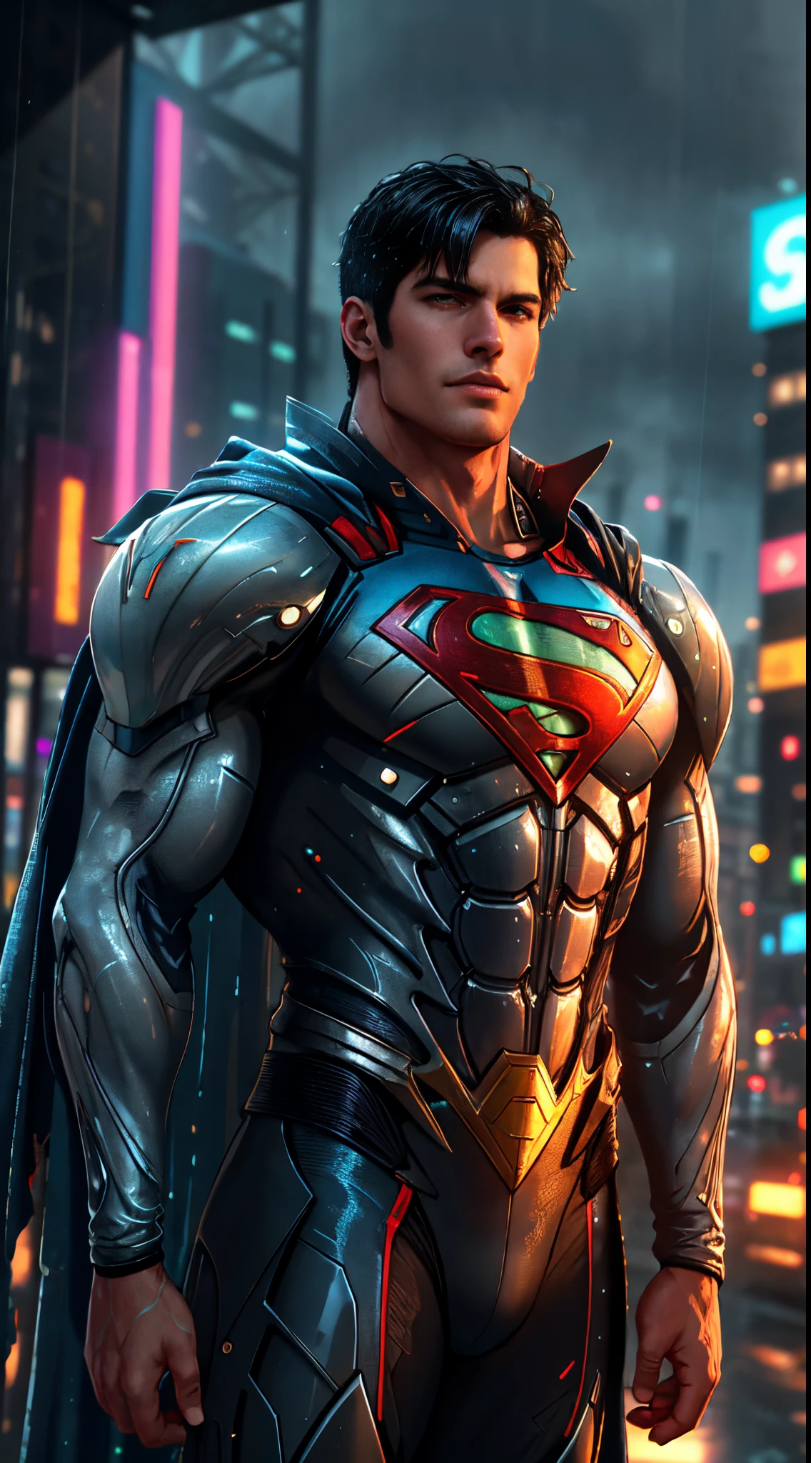 Superman high-tech fica imponente em uma cidade cyberpunk chovendo. Neon highlights your muscles, chuva e cicatrizes. The scenery is lush and mysterious rain, com chuva e arredores. The camera details everything. neon lights, Chuva