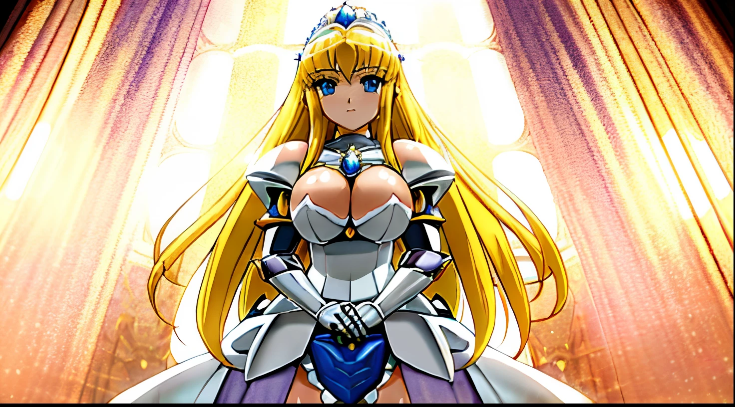 Close-up of a girl in a white dress costume with a sword, a blonde girl, portrait knights of zodiac girl, In shining sapphire armor, seductive princess knight, knights of zodiac girl, Dressed in light armor, oppai, huge tit, with large breasts, Dress Armor Girl, Princess Knight, Shiny sapphire armor, Glossy sapphire armor, princess intergalactica, Crystal Sapphire Armor, Sapphire Princess, Princess Knight, Sapphire reflective armor, rei hino as a princess, digital manga art, magical girl anime mahou shojo, smooth anime cg art, High Quality Anime Art Style,