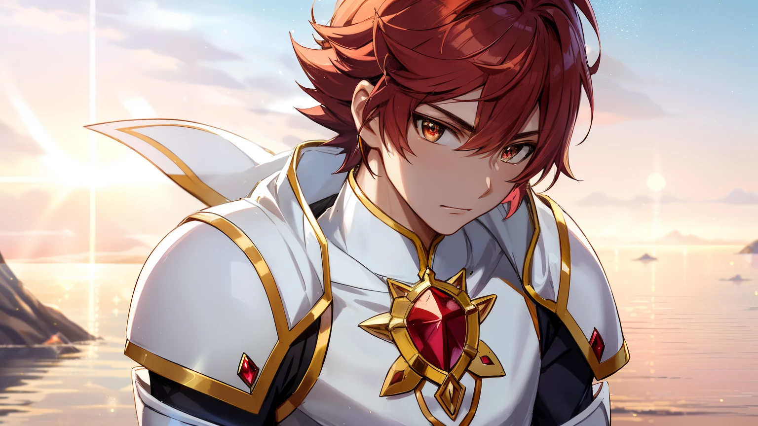 Close-up of a boy in a white dress costume with a sword, Knight of Zodiac Boy, Portrait Knight of Zodiac Boy, Boy with short red hair, Boy with brown eyes, Muscular men, masculine and muscular, Shining ruby armor, Enchanting Prince Night, Dressed in light armor, Dress Armor Boy, Shiny ruby armor, Galactic Prince, Crystal Ruby Armor, Hymns to the King as a Prince, High quality anime art style, smooth anime cg art, Prince Knight, digital manga art, Magical Boy Anime Mahou Shōnen, Prince of Ruby, Ruby reflective armor