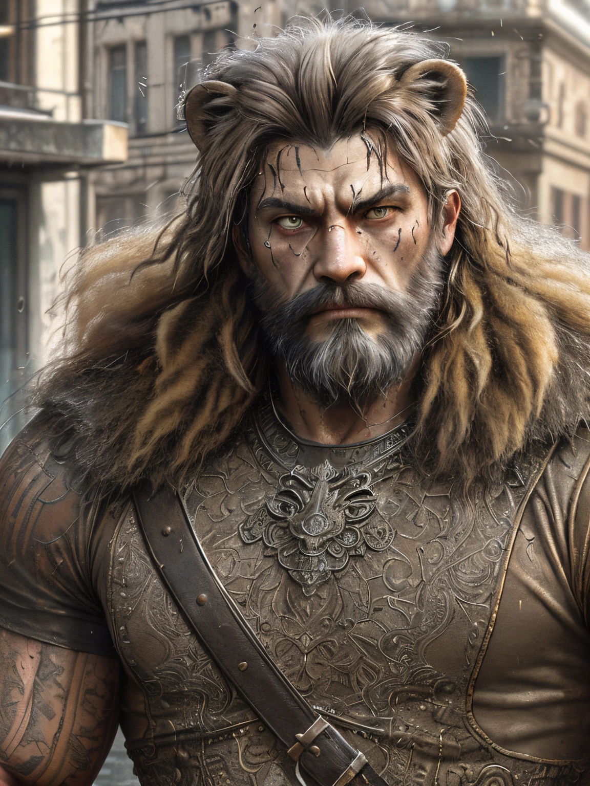 metalictexture,Lion head,Hairy,strong muscular man, street angry, epic realistic, photo, faded, complex stuff around, intricate background, soaking wet, neutral colors, ((((hdr)))), ((((muted colors)))), intricate scene, artstation, intricate details, vignette