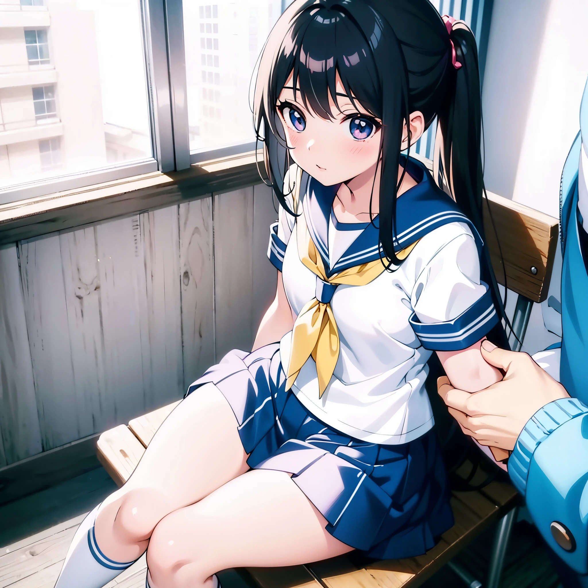 Anime girl sitting on a bench with a guy standing behind her, beautiful anime high school girl, a hyperrealistic schoolgirl, a hyperrealistic schoolgirl, Realistic Schoolgirl, anime moe art style, Smooth Anime CG Art, Ecchi anime style, Cute anime girl, young anime girl, charming anime girls, anime style 4 k, realistic anime 3 d style
