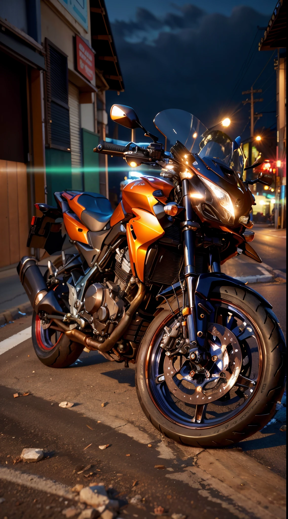 motorcycle parked on the side of the road at night, front side full, front side view, semi realism, touring, 1128x191 resolution, front profile!!!!, unreal enging, taken with the best dlsr camera, frontshot, front side, frontal picture, very sharp!!!, full screen, frontal shot, front lit