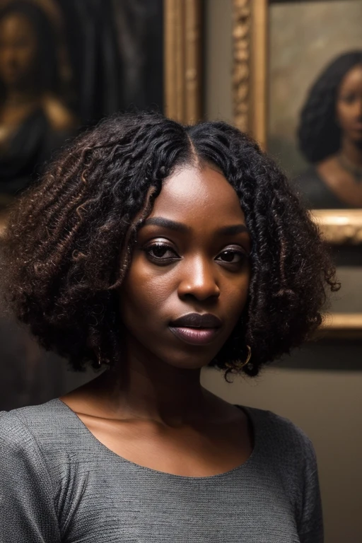 candid dark backside close up face portrait of a Glamorous (nigerian woman:1.2) model (with long Cinnamon Curly Bob Haircut:1.2), (posing in Historic Art Museum with Masterpieces and Sculptures during dazzling twinkling cold night :1.2), looking at viewer, portrait, (textured skin, skin pores:1.2), (moles:0.8), (imperfect skin:1.1), intricate details, goosebumps, flawless face, ((photorealistic):1.1), (raw, 8k:1.2), hyper realistic, HDR, cinematic,, dark, muted colors, slate atmosphere
