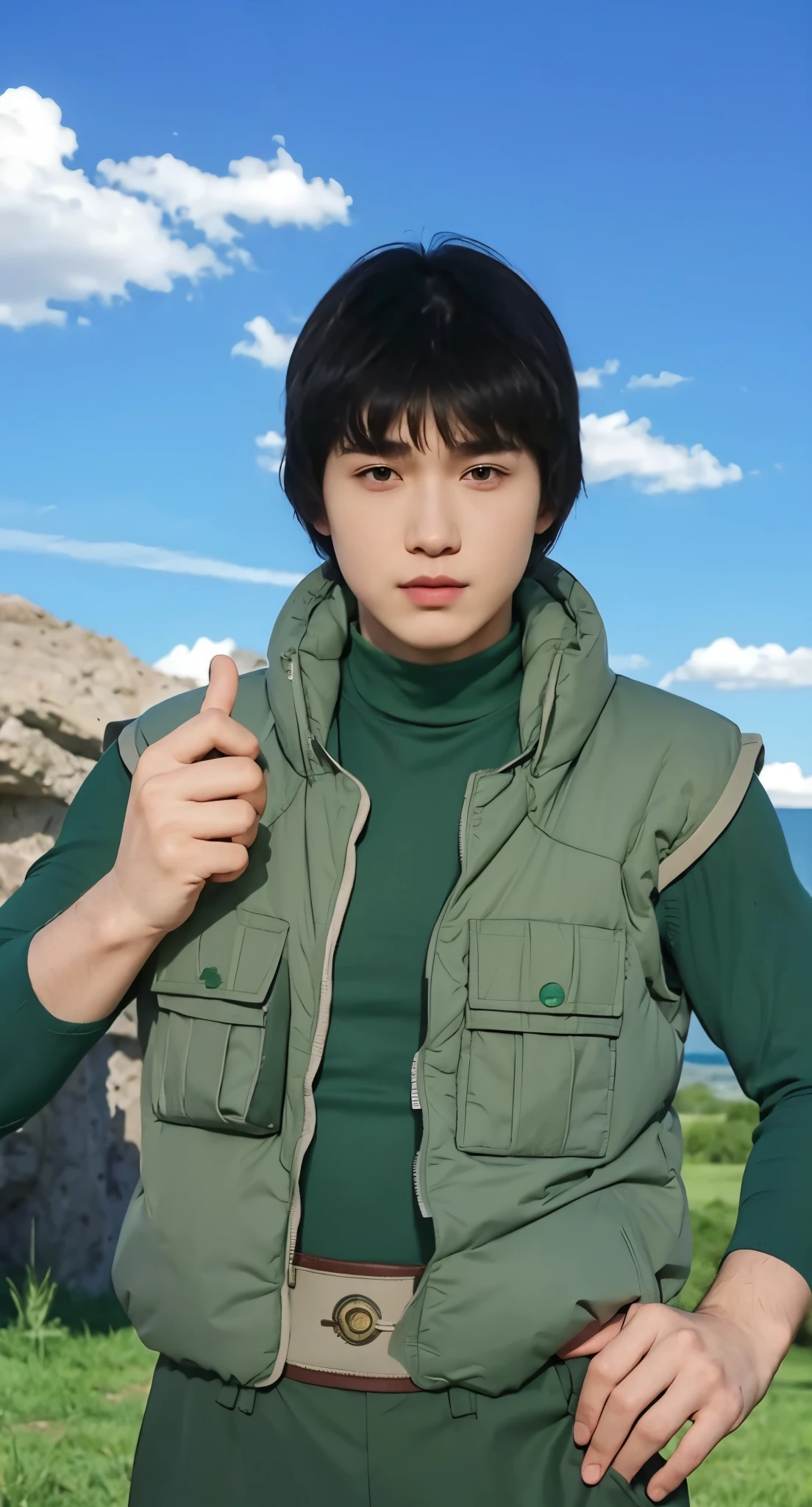 Real life adaption of this character ,adult face man ,realistic same bowl cut hair , (realistic same outfit wear green thick vest with many pocket), realistic background , realistic light, realistic shadow, realism, hyper realistic,(photorealistic:1.2),