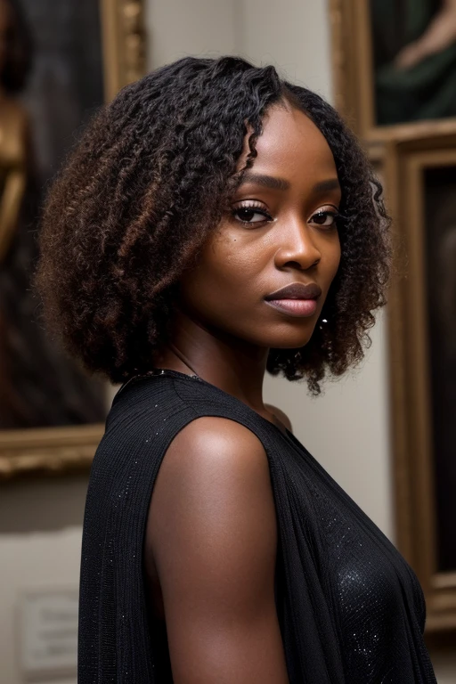 candid dark backside close up face portrait of a Glamorous (nigerian woman:1.2) model (with long Cinnamon Curly Bob Haircut:1.2), (posing in Historic Art Museum with Masterpieces and Sculptures during dazzling twinkling cold night :1.2), looking at viewer, portrait, (textured skin, skin pores:1.2), (moles:0.8), (imperfect skin:1.1), intricate details, goosebumps, flawless face, ((photorealistic):1.1), (raw, 8k:1.2), hyper realistic, HDR, cinematic,, dark, muted colors, slate atmosphere