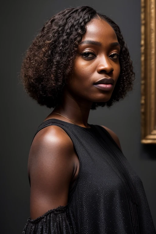 candid dark backside close up face portrait of a Glamorous (nigerian woman:1.2) model (with long Cinnamon Curly Bob Haircut:1.2), (posing in Historic Art Museum with Masterpieces and Sculptures during dazzling twinkling cold night :1.2), looking at viewer, portrait, (textured skin, skin pores:1.2), (moles:0.8), (imperfect skin:1.1), intricate details, goosebumps, flawless face, ((photorealistic):1.1), (raw, 8k:1.2), hyper realistic, HDR, cinematic,, dark, muted colors, slate atmosphere