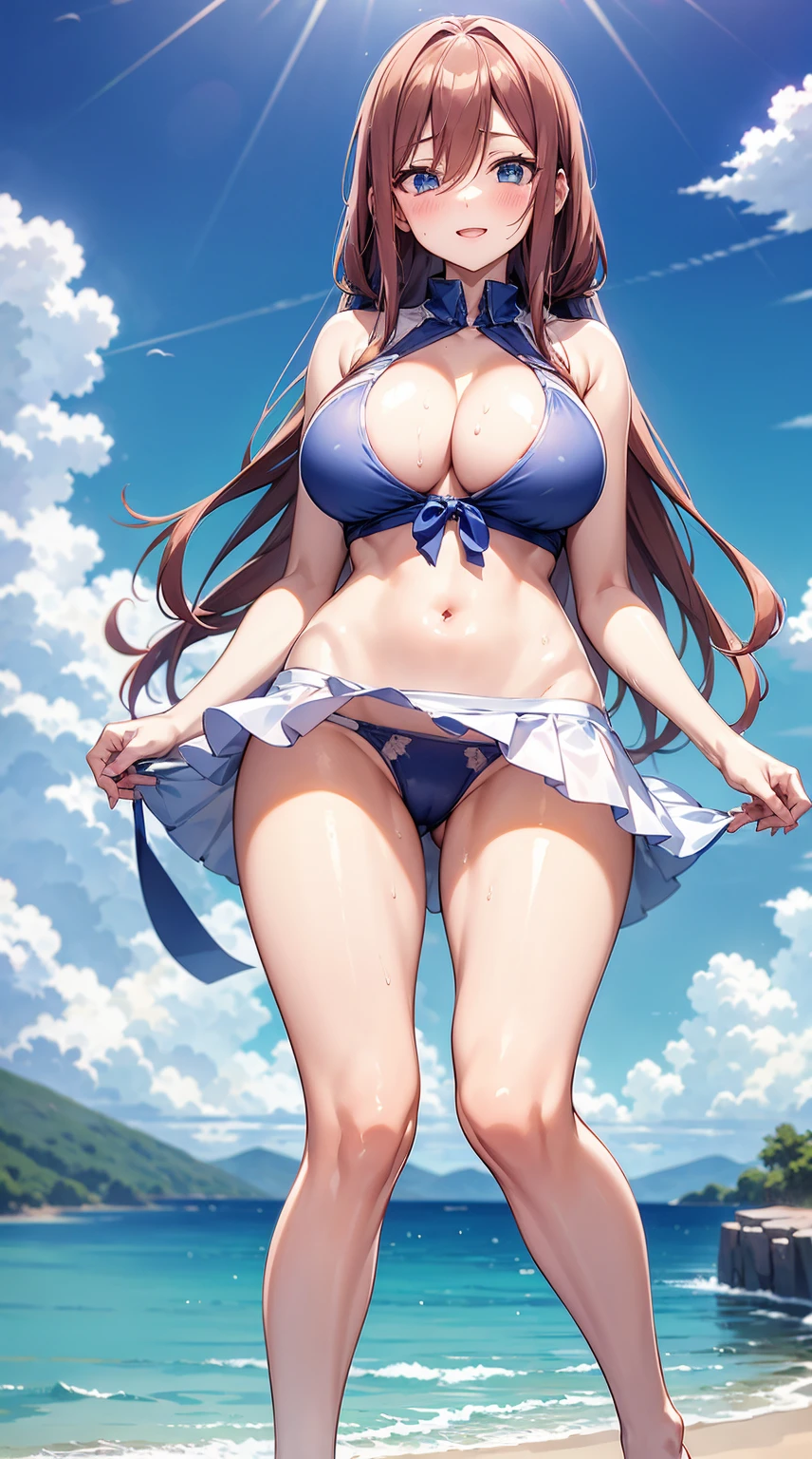 Miku Nakano+++、cleavage of the breast+++ 1girl in, 独奏,18year old ((high-level image quality)) (Slim body) 18year old High school students (fundoshi)+++ Bright sunshine thighs thighs thighs thighs++ large full breasts A smile Disheveled clothes dishevled hair big butts sweating profusely sweaty hair a wet body In the street toppless