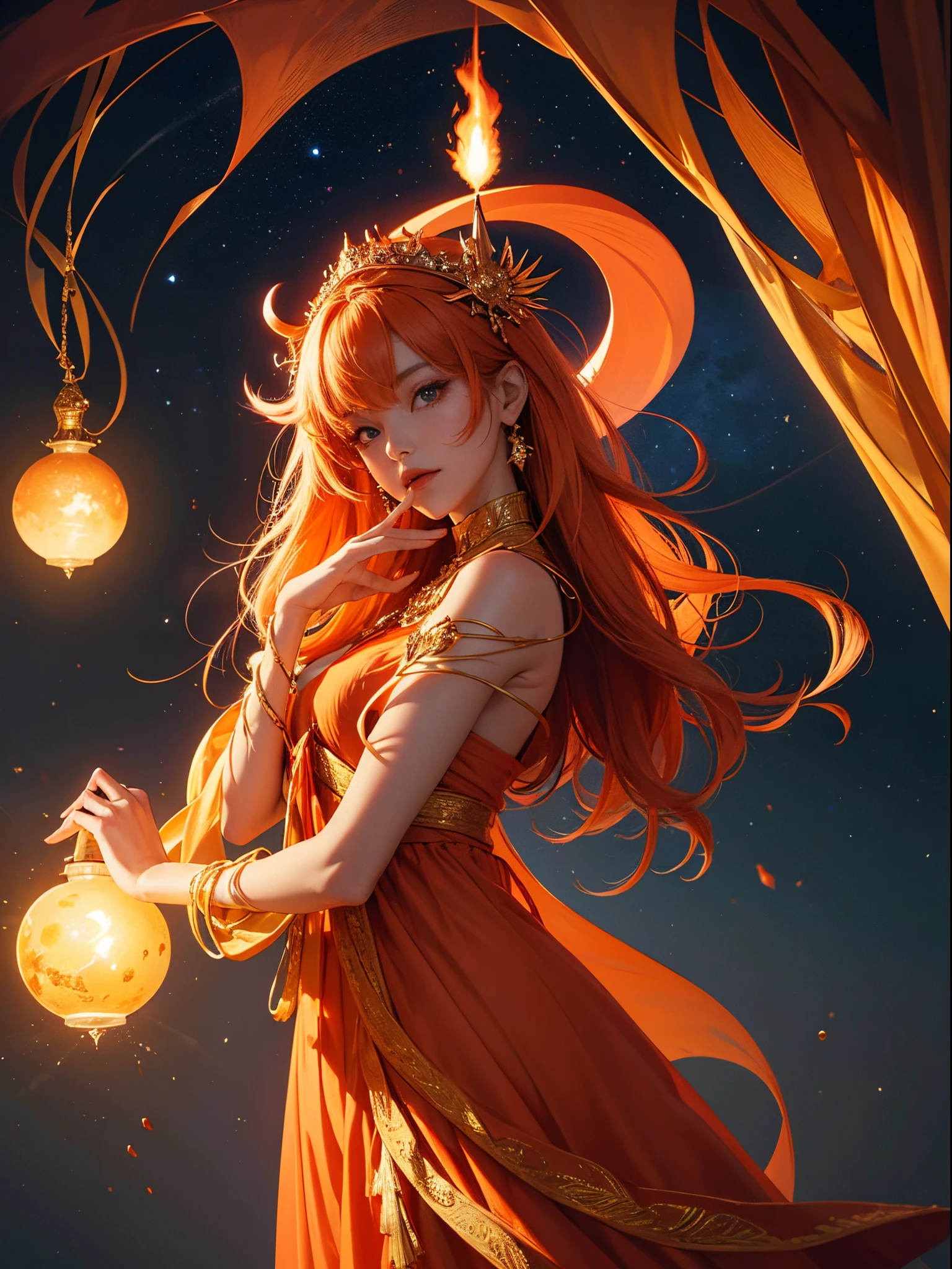 Orange tones、top-quality、​masterpiece、Official art、Perfect Angle、perfect-composition、Stellar lumen、Distant antiquity、placenta、Foundation of Creation、mystical、manifestation of divine power、Alpha and Omega、Eternity is in the ephemeral、Beauty beyond human knowledge、The witch who controls the flames、Incarnation of the Flame、red glowing hair、light up the light of life、A bright red body、Tall and lean、resolute、noble、Deities々Right、draconian、Absolute existence