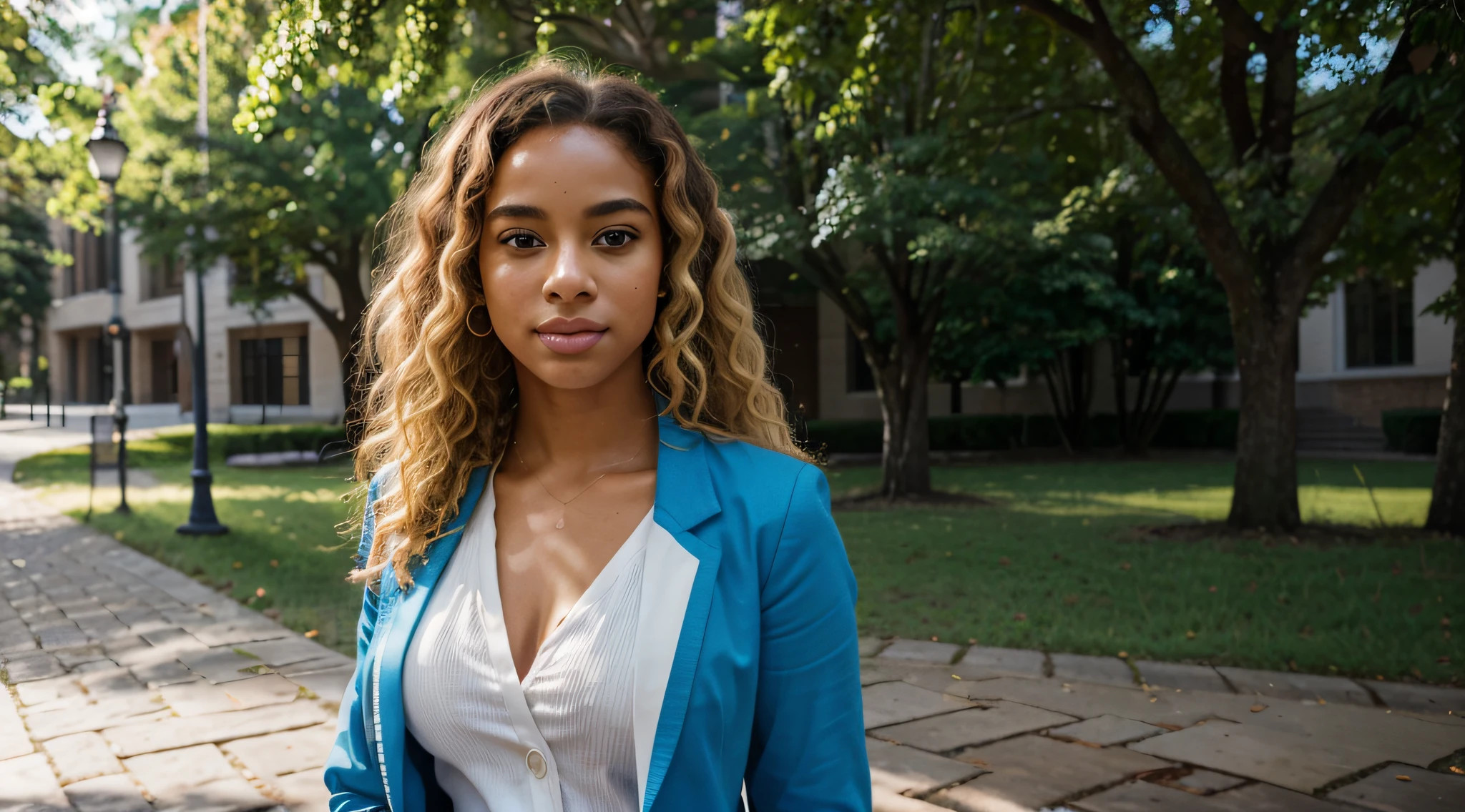 In the radiant glow of a sunlit afternoon on the university campus, an Afro-Brazilian student with luscious blonde curls exudes confidence and style as she gracefully strolls through the grounds. Dressed in a sophisticated ensemble, she wears a blue blazer that complements her vibrant personality, paired with a crisp white blouse for a classic touch.
The sunlight bathes the campus in a warm and inviting aura, casting a gentle play of light and shadows on the cobblestone paths and surrounding greenery. The camera adeptly captures the nuanced details of the scene, highlighting the textures of the student's clothing and the natural elements of the environment.
Her blonde curls, coiled with a natural elegance, frame her face in a radiant halo. The sunlight catches the individual strands, showcasing the beauty and uniqueness of her curly hairstyle. Shadows beneath the curls add depth, enhancing the overall visual impact.
Facial features are carefully portrayed, capturing the essence of a refined and confident demeanor. High cheekbones and captivating, slightly narrowed eyes contribute to an air of grace and sophistication. The lips are full and expressive, enhancing the model's charismatic presence.
The camera angles offer various perspectives, capturing the model in motion as she navigates through the campus scenery. The blue blazer and white blouse stand out against the vibrant campus backdrop, creating a striking visual contrast. The background includes iconic university landmarks, blending the sophistication of academic architecture with the natural beauty of the surroundings.
This detailed image prompt aims to bring to life the radiant elegance and individuality of an Afro-Brazilian student with blonde curls, dressed in a blue blazer and white blouse, celebrating her unique beauty and confident presence on the university campus.