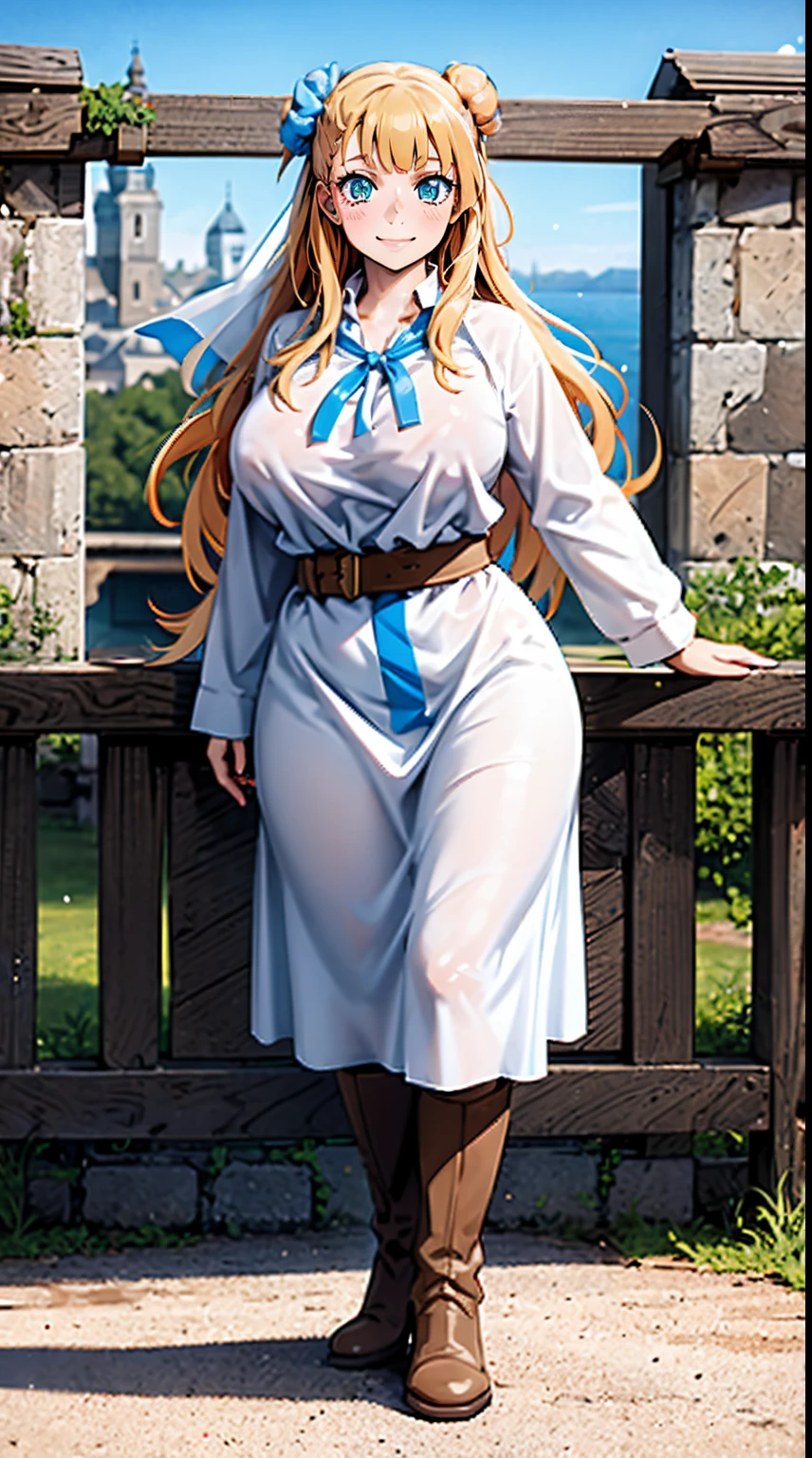 galko,1girl, solo, smile, full body, standing, long skirt, priestess, religious, holy, cute, blush, ,tall female, medieval clothing, white veil, tunic, long skirt,boots, huge brest, curvy,sexy, sensual, volouptouse, thicc, , jade green eyes