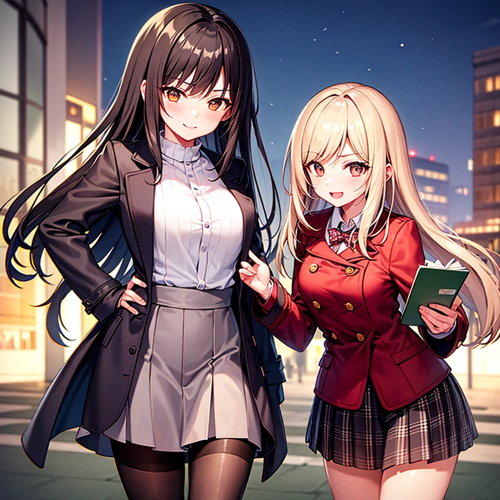 1girls, Height 148cm、Bust 85cm、Waist 56cm、Hip 85cm、F-cup、23yo、very 、Brown-haired、semi long hair、Brown duffel coat、Red check muffler、Long pleated skirt、pantyhose、Park at night、park bench、Gentle smile、Blur the background a lot