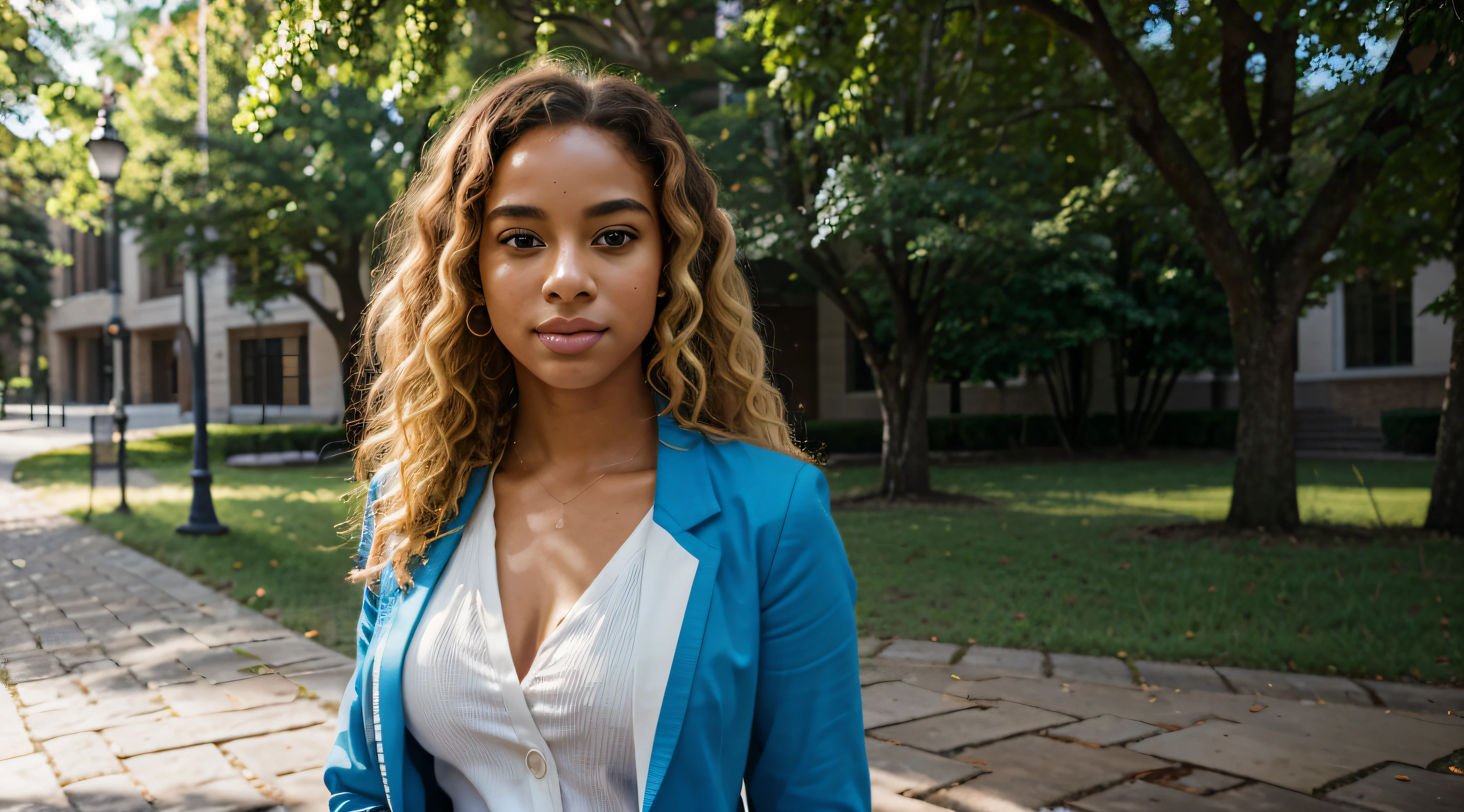 In the radiant glow of a sunlit afternoon on the university campus, an Afro-Brazilian student with luscious blonde curls exudes confidence and style as she gracefully strolls through the grounds. Dressed in a sophisticated ensemble, she wears a blue blazer that complements her vibrant personality, paired with a crisp white blouse for a classic touch.

The sunlight bathes the campus in a warm and inviting aura, casting a gentle play of light and shadows on the cobblestone paths and surrounding greenery. The camera adeptly captures the nuanced details of the scene, highlighting the textures of the student's clothing and the natural elements of the environment.

Her blonde curls, coiled with a natural elegance, frame her face in a radiant halo. The sunlight catches the individual strands, showcasing the beauty and uniqueness of her curly hairstyle. Shadows beneath the curls add depth, enhancing the overall visual impact.

Facial features are carefully portrayed, capturing the essence of a refined and confident demeanor. High cheekbones and captivating, slightly narrowed eyes contribute to an air of grace and sophistication. The lips are full and expressive, enhancing the model's charismatic presence.

The camera angles offer various perspectives, capturing the model in motion as she navigates through the campus scenery. The blue blazer and white blouse stand out against the vibrant campus backdrop, creating a striking visual contrast. The background includes iconic university landmarks, blending the sophistication of academic architecture with the natural beauty of the surroundings.

This detailed image prompt aims to bring to life the radiant elegance and individuality of an Afro-Brazilian student with blonde curls, dressed in a blue blazer and white blouse, celebrating her unique beauty and confident presence on the university campus.