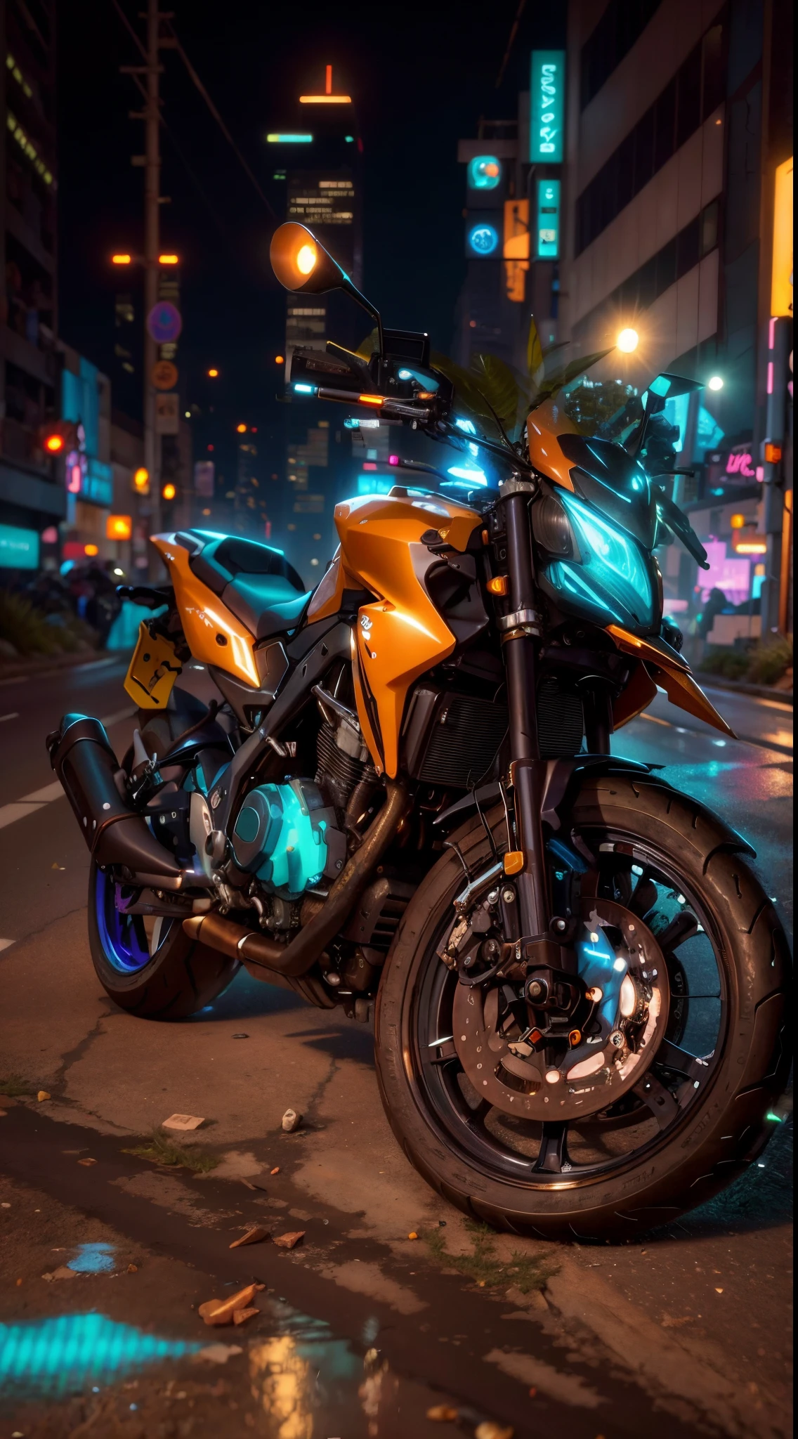 (Cyberpunk)motorcycle parked on the side of the road at night, front side full, front side view, semi realism, touring, 1128x191 resolution, front profile!!!!, unreal enging, taken with the best dlsr camera, frontshot, front side, frontal picture, very sharp!!!, full screen, frontal shot, front lit