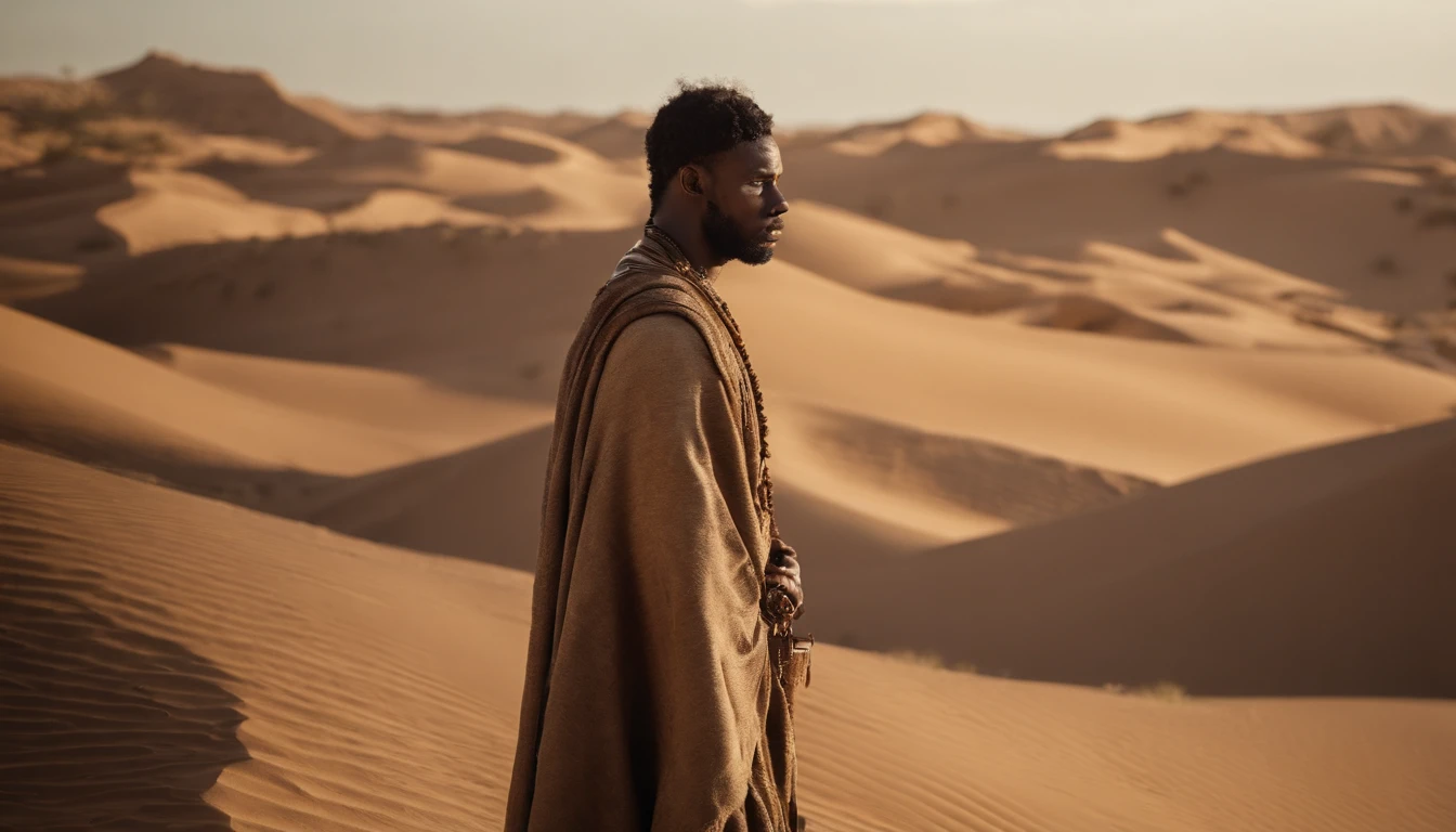 a 20-year-old man, with Israelite features, brown skin of someone who lives in the desert, with clothes from the ancient era, from the Bible