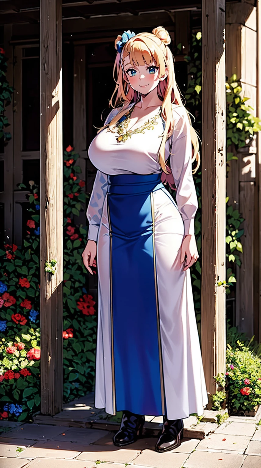 galko,1girl, solo, smile, full body, standing, long skirt, priestess, religious, holy, cute, blush, ,tall female, medieval clothing, white veil, tunic, long skirt,boots, huge brest, curvy,sexy, sensual, volouptouse, thicc, , jade green eyes