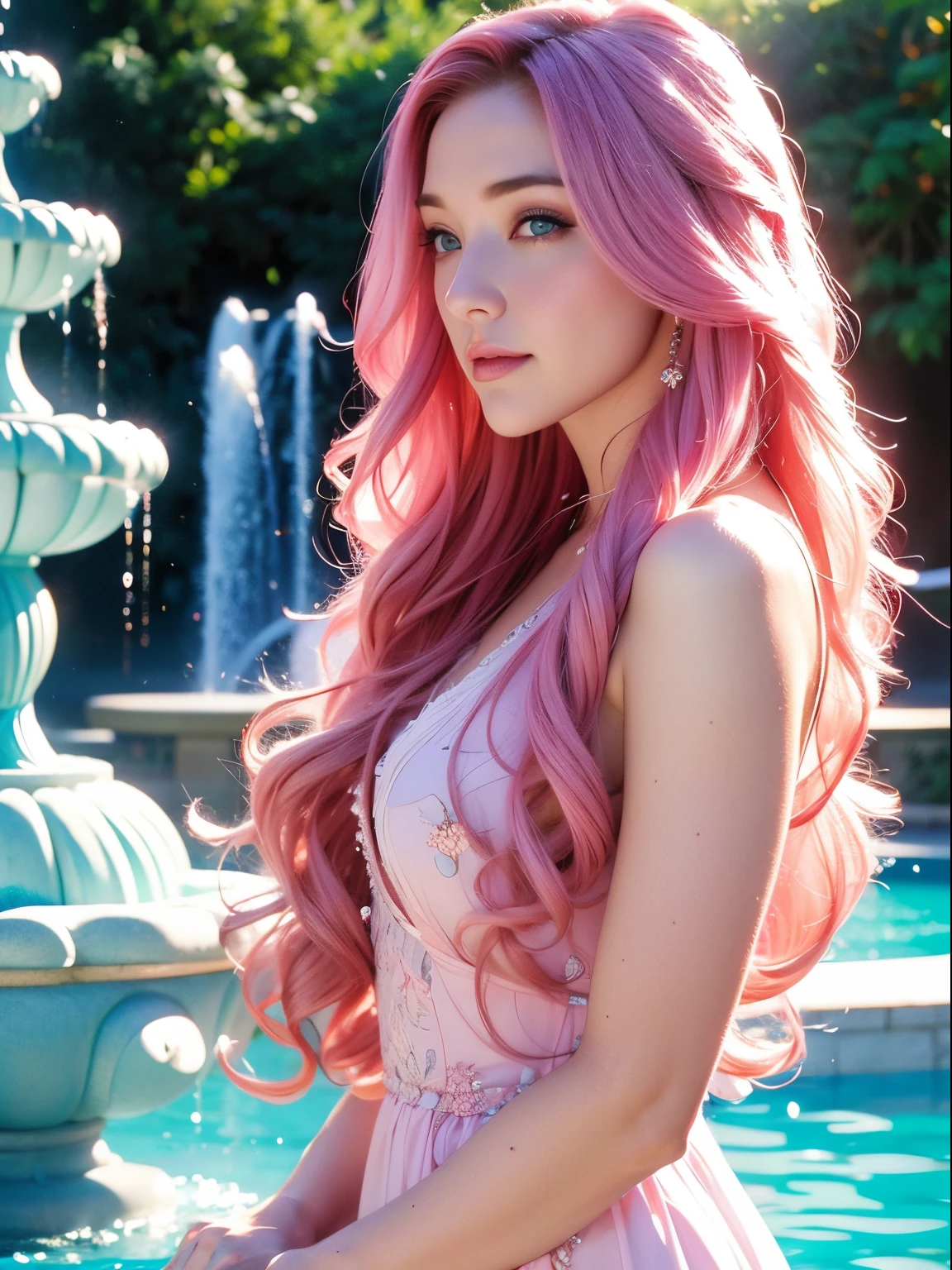 A woman, long curly hair, pink hair, blue eyes, fountain scene, water, flower