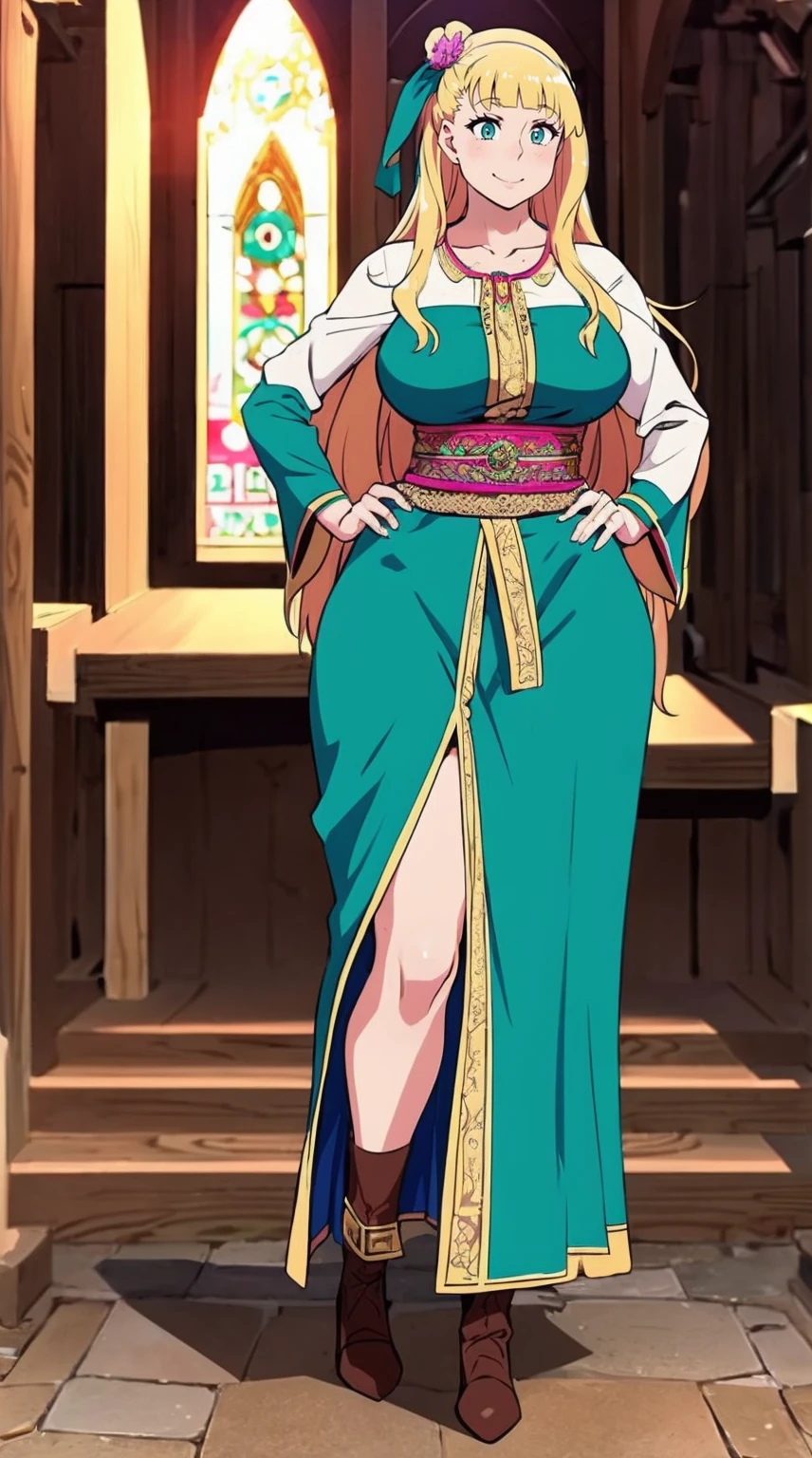 galko,1girl, solo, smile, full body, standing, long skirt, priestess, religious, holy, cute, blush, ,tall female, medieval clothing, white veil, tunic, long skirt,boots, huge brest, curvy,sexy, sensual, volouptouse, thicc, , jade green eyes
