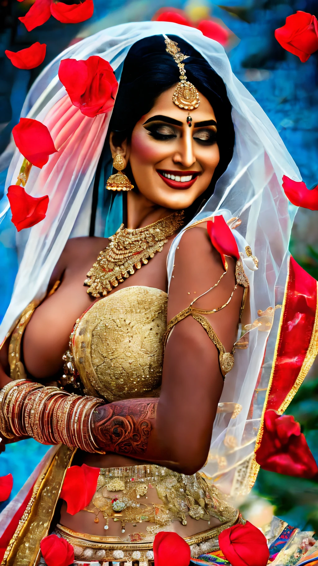 A beautiful Indian bride stands  with  at the center of a crowd of wedding guests showering rose petals, surrounded by lush decorations and flowers as she slowly removes her clothing piece by piece. Her groom watches with lustful eyes as she reveals her stunning curves. breast, ,  and bare skin to everyone in attendance. The air is thick with excitement and anticipation as the bride bares all for her beloved in front of their friends and family. --auto --s2