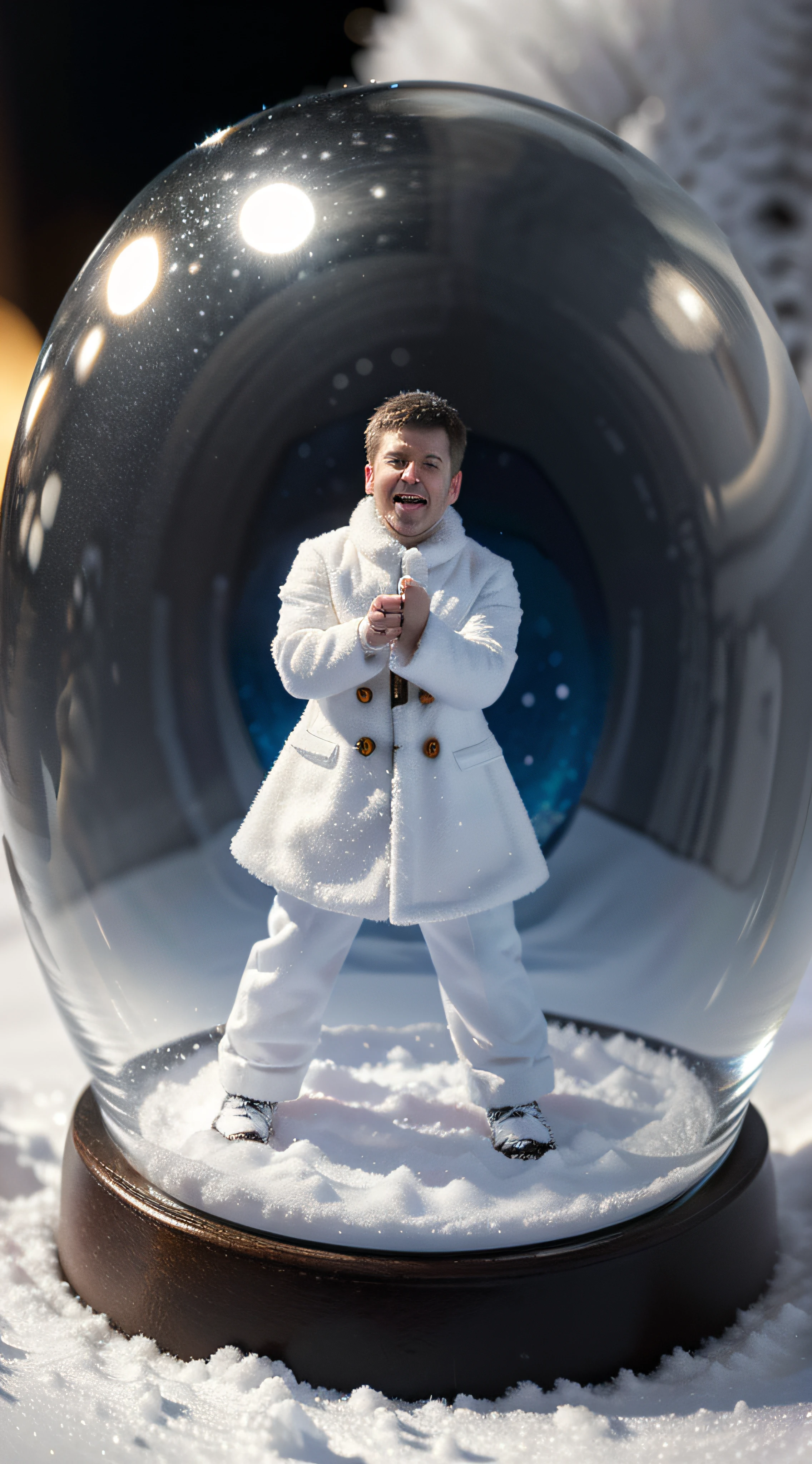 (snow globe:1.1,snowy background:0.9) small adult man singing inside of (snow globe:1.1), (blurred,soft-focus) background. (Best quality,highres:1.2)(physically-based rendering) (ultra-detailed,fine painting), with (vivid colors),(bokeh) effect.